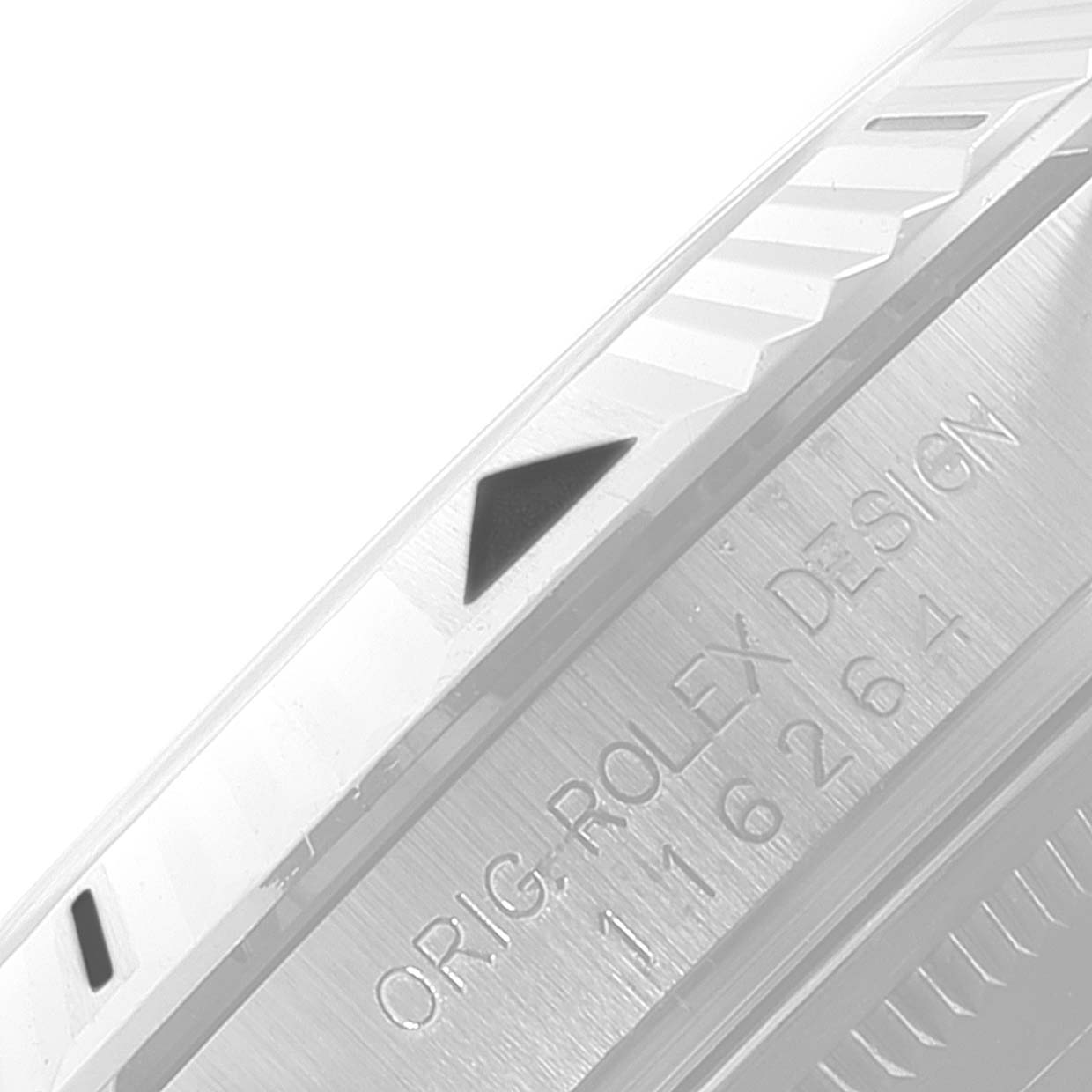 The image shows a close-up of the bezel and engraved model number of the Rolex Turn-o-Graph 116264 Men
s Stainless Steel Black Dial 116264 Men
s Stainless Steel Black Dial watch.