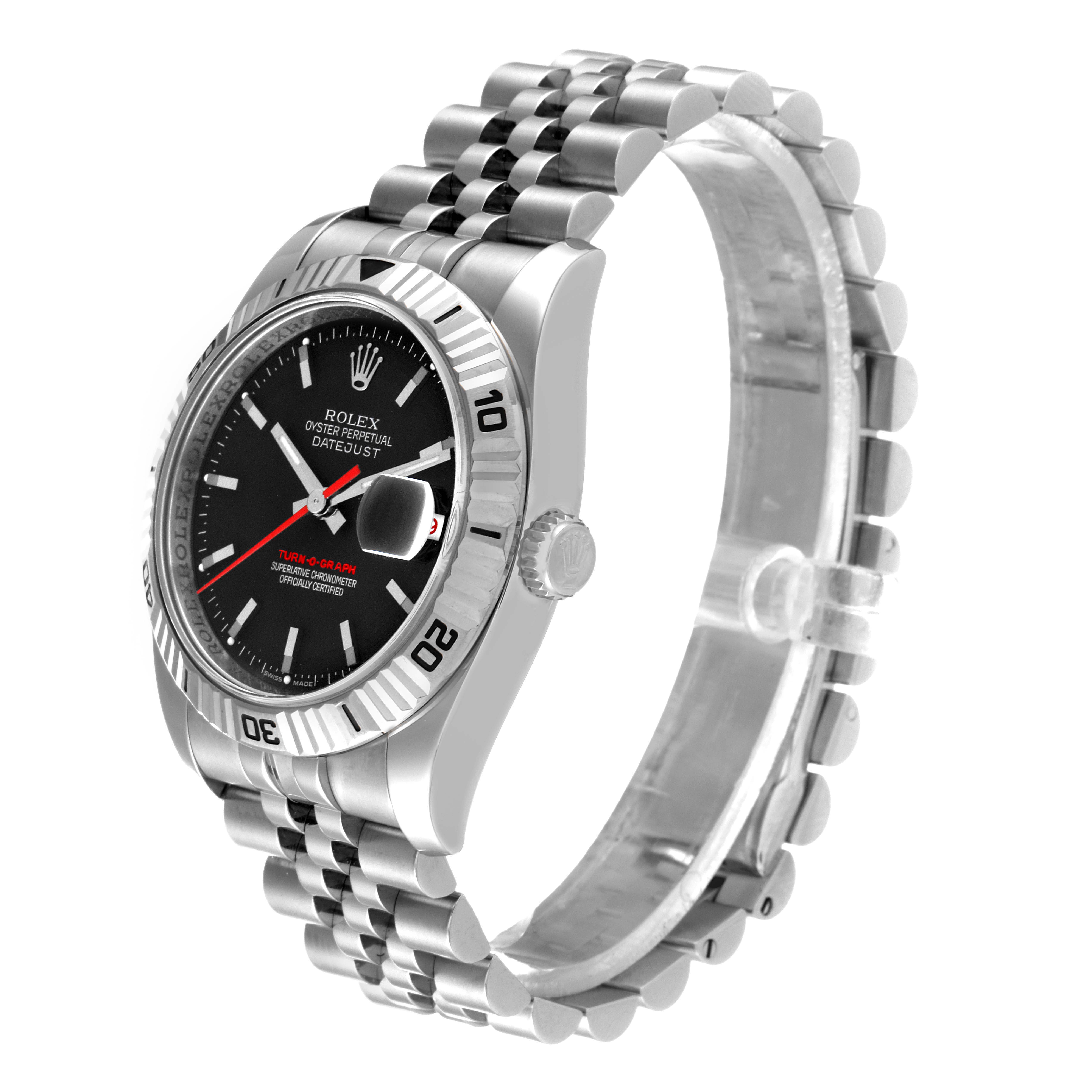 This Rolex Turn-o-Graph 116264 Men
s Stainless Steel Black Dial 116264 Men
s Stainless Steel Black Dial watch is shown at an angle highlighting the face, bezel, and bracelet.