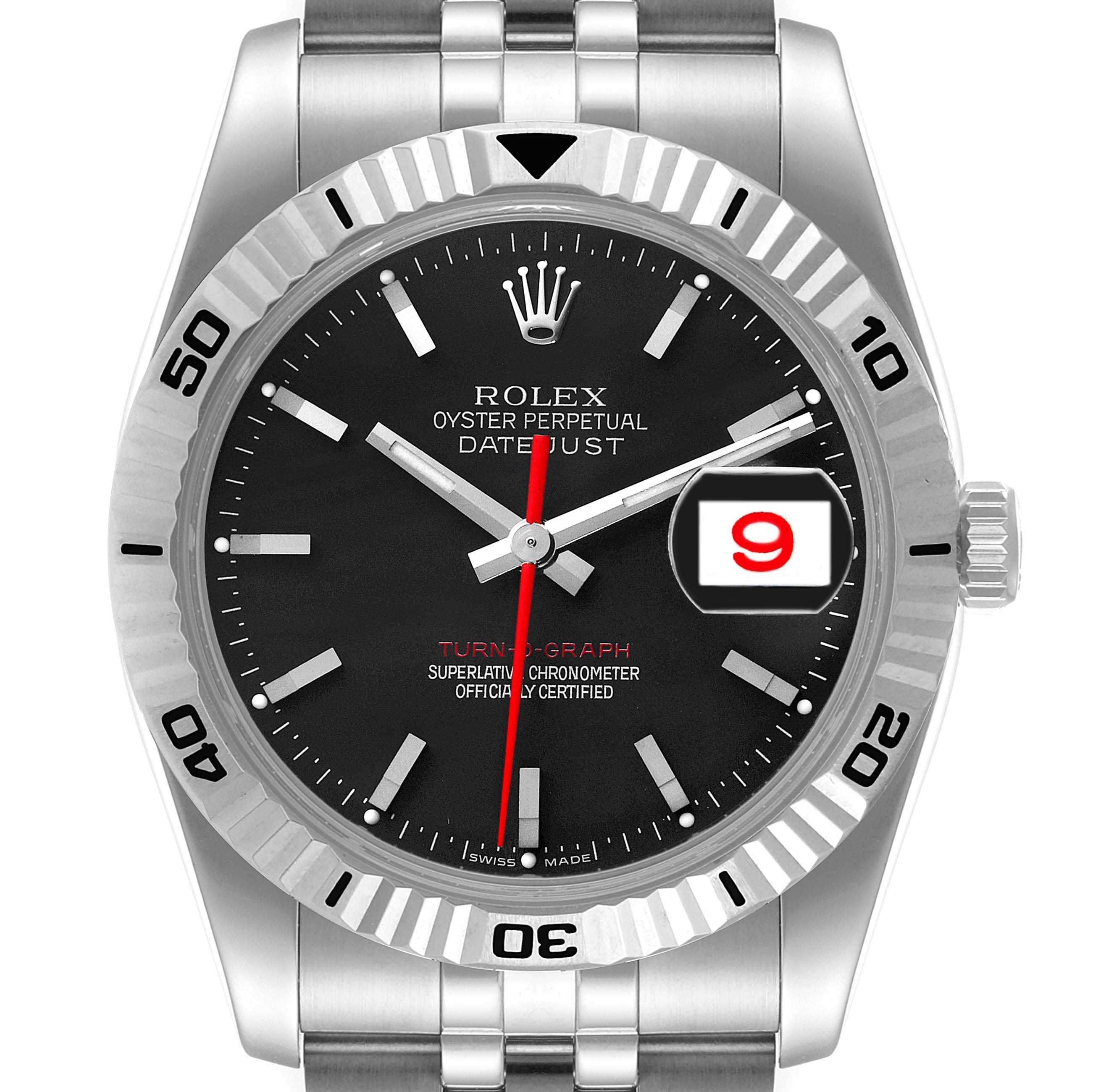 This image shows a Rolex Turn-o-Graph 116264 Men
s Stainless Steel Black Dial 116264 Men
s Stainless Steel Black Dial watch from a front angle, highlighting its black dial, date window, red second hand, and fluted bezel.