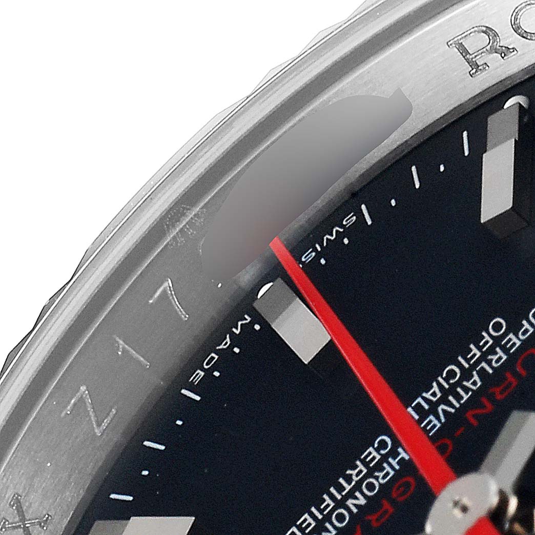 The image shows a close-up view of the Turn-o-Graph Rolex watch, focusing on the bezel, a portion of the dial, and the red second hand.