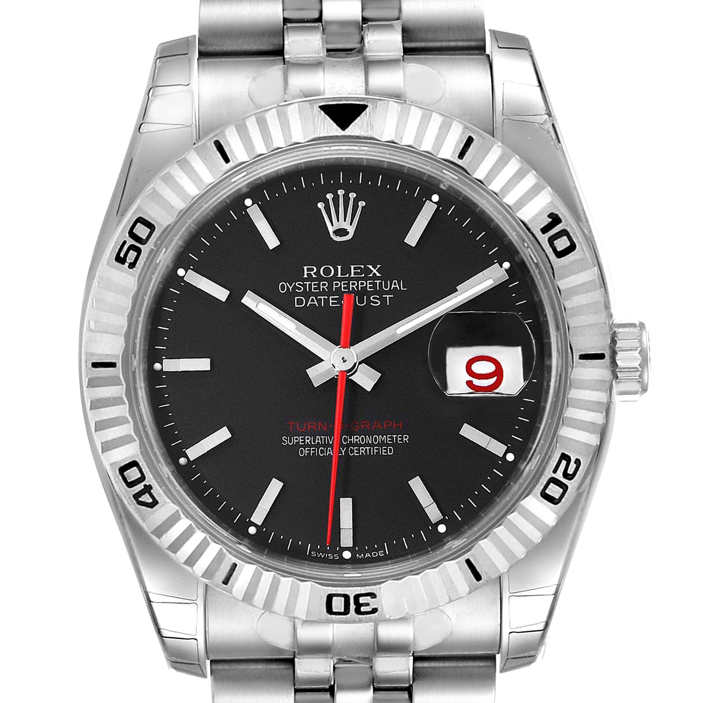 The Rolex Turn-o-Graph 116264 Men's Stainless Steel Black Dial 116264 Men's Stainless Steel Black Dial watch is shown from a top-down angle, displaying the face, bezel, crown, and partial bracelet.