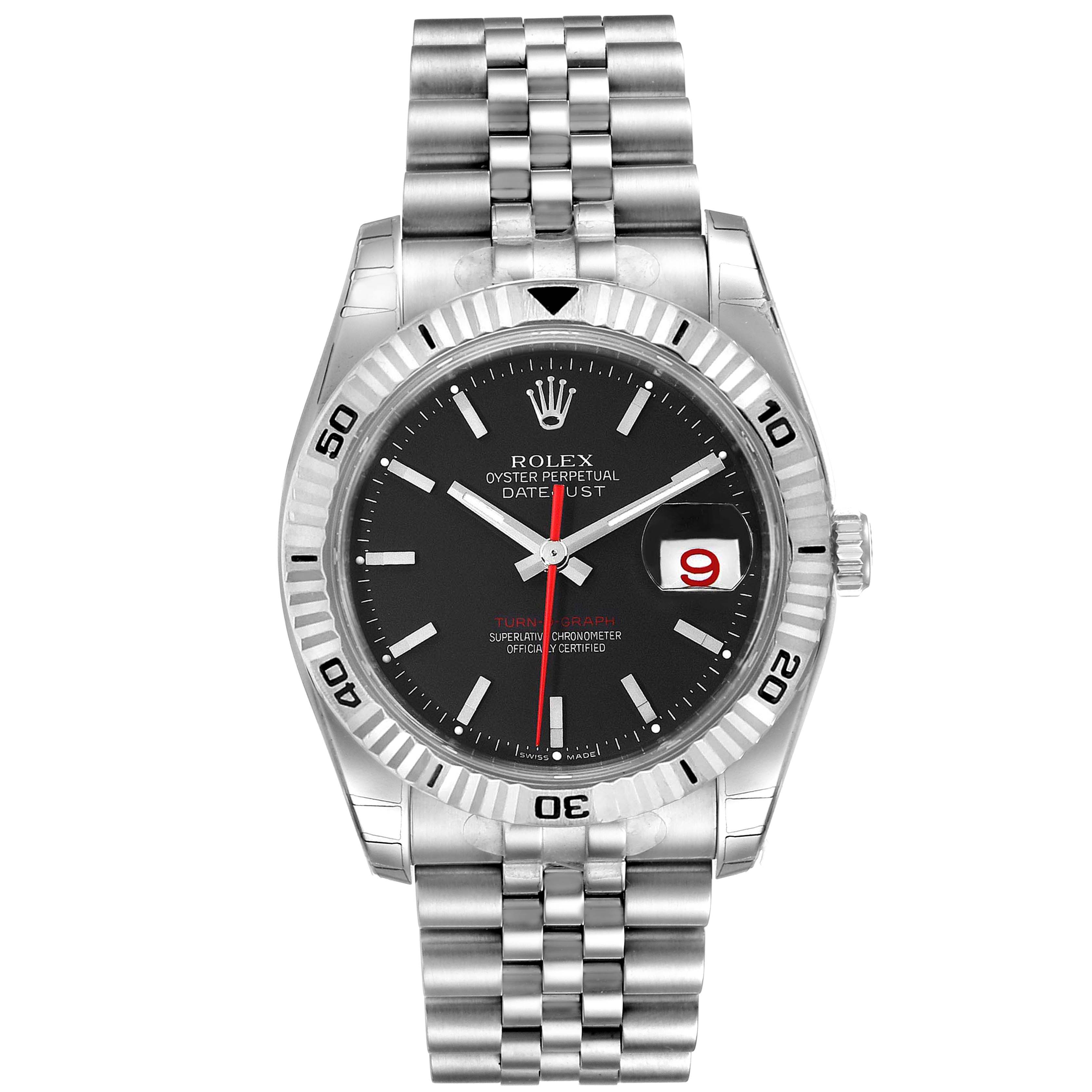 The image shows a frontal view of the Rolex Turn-o-Graph 116264 Men's Stainless Steel Black Dial 116264 Men's Stainless Steel Black Dial watch, highlighting the bezel, dial, hands, bracelet, and date display.