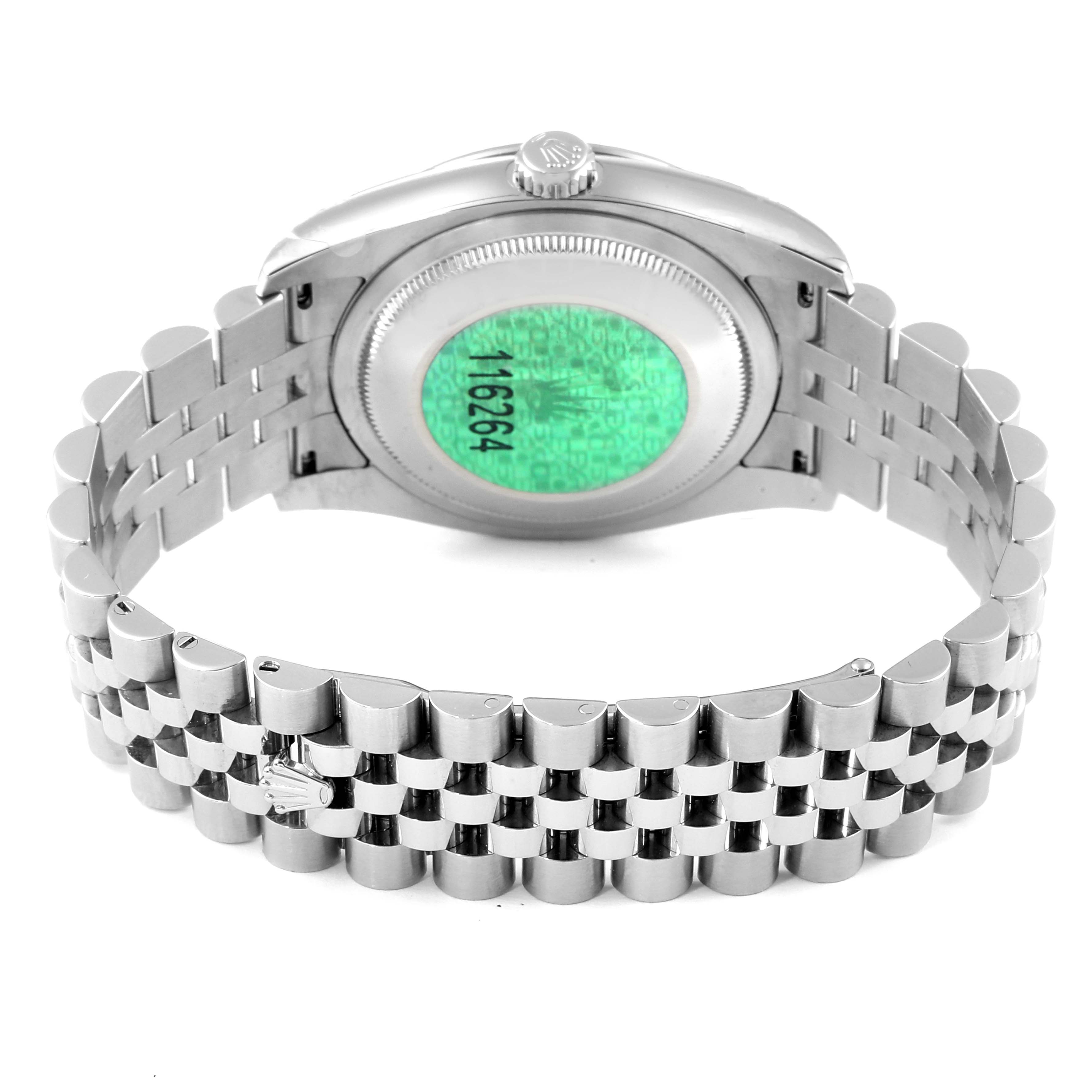 The image shows the back view of a Rolex Turn-o-Graph 116264 Men's Stainless Steel Black Dial 116264 Men's Stainless Steel Black Dial watch focusing on the case back and part of the bracelet.