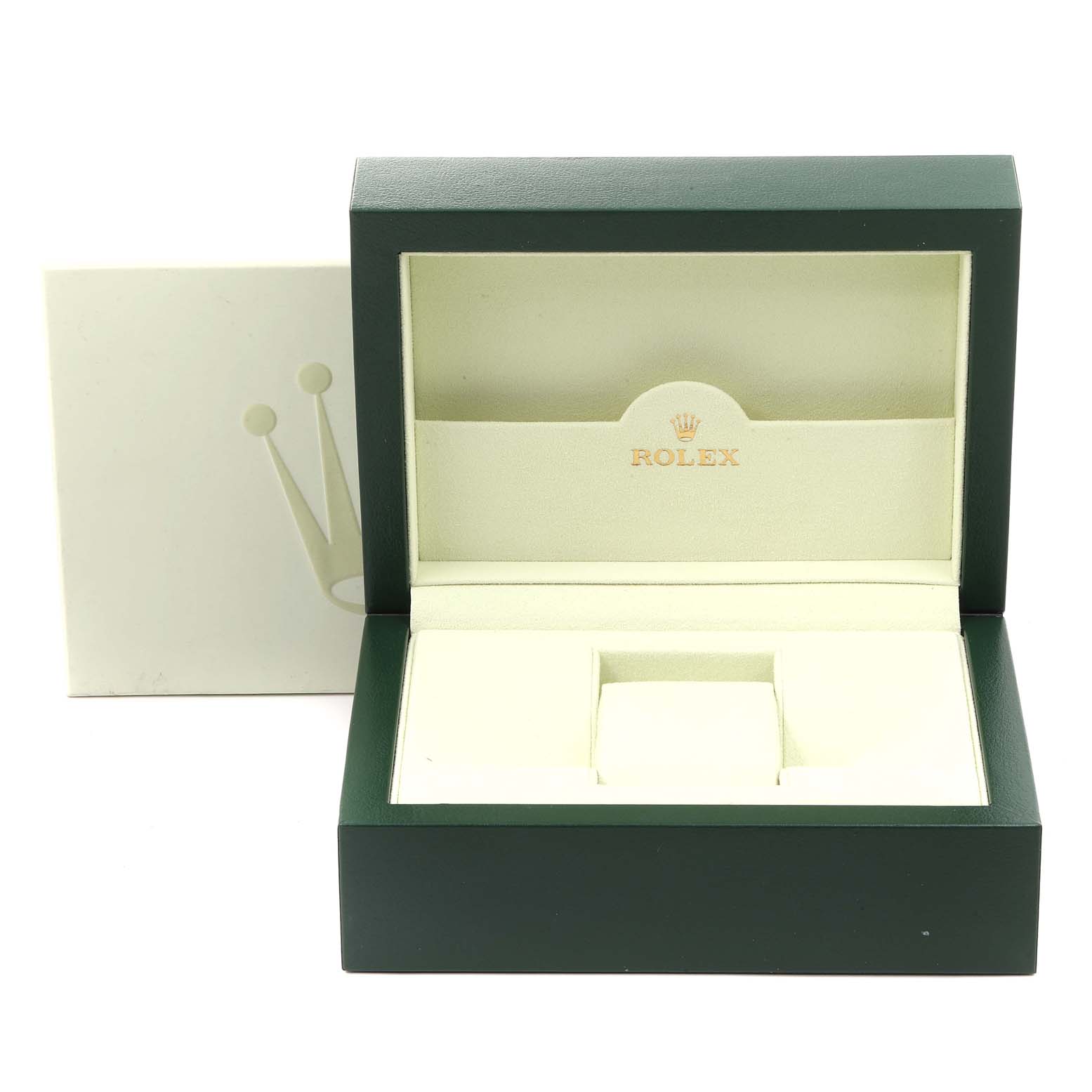 The image shows an open Rolex watch box, likely for the Turn-o-Graph model, with green exterior and beige interior.