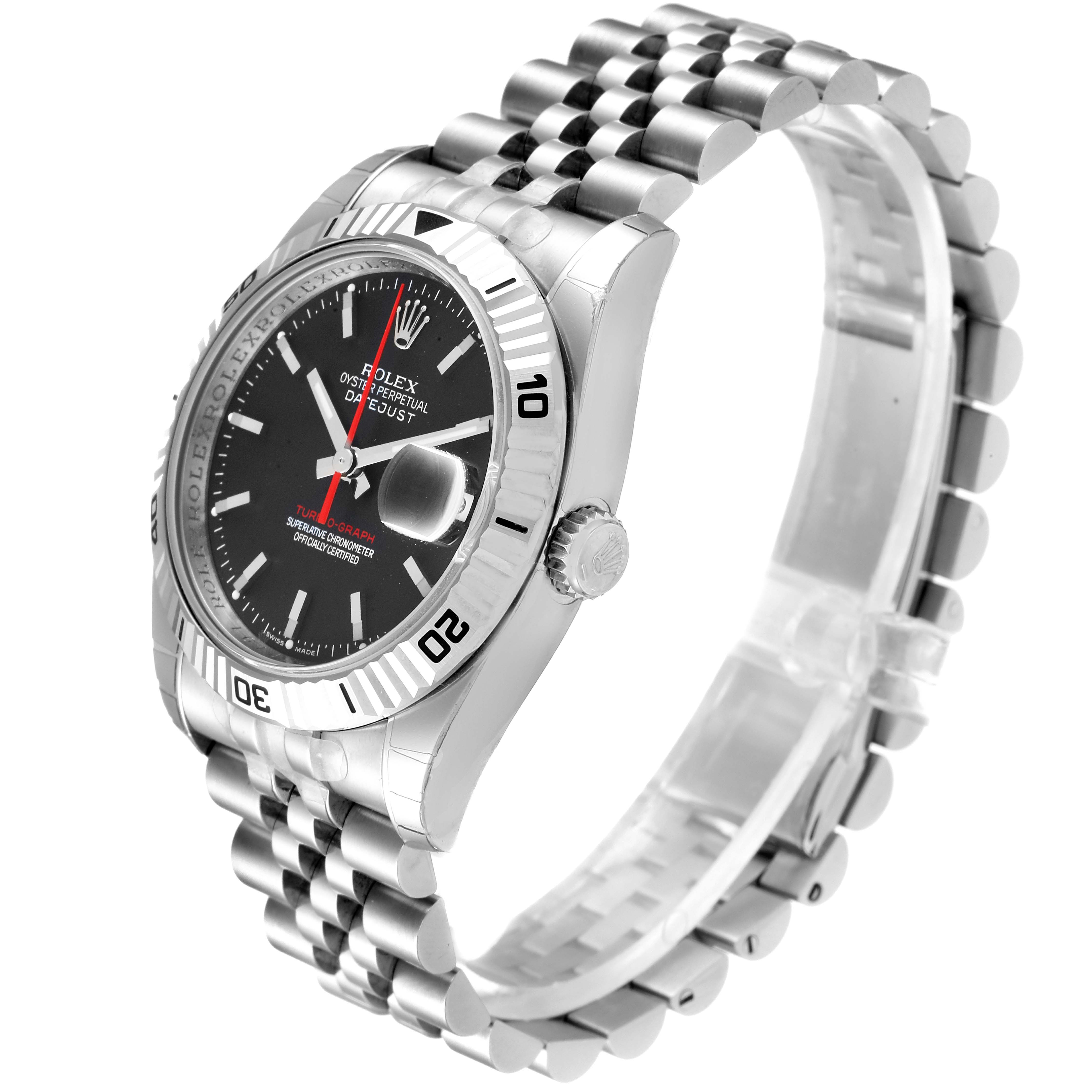 The image shows a side-angle view of the Rolex Turn-o-Graph 116264 Men's Stainless Steel Black Dial 116264 Men's Stainless Steel Black Dial watch, highlighting its bezel, dial, bracelet, and crown.