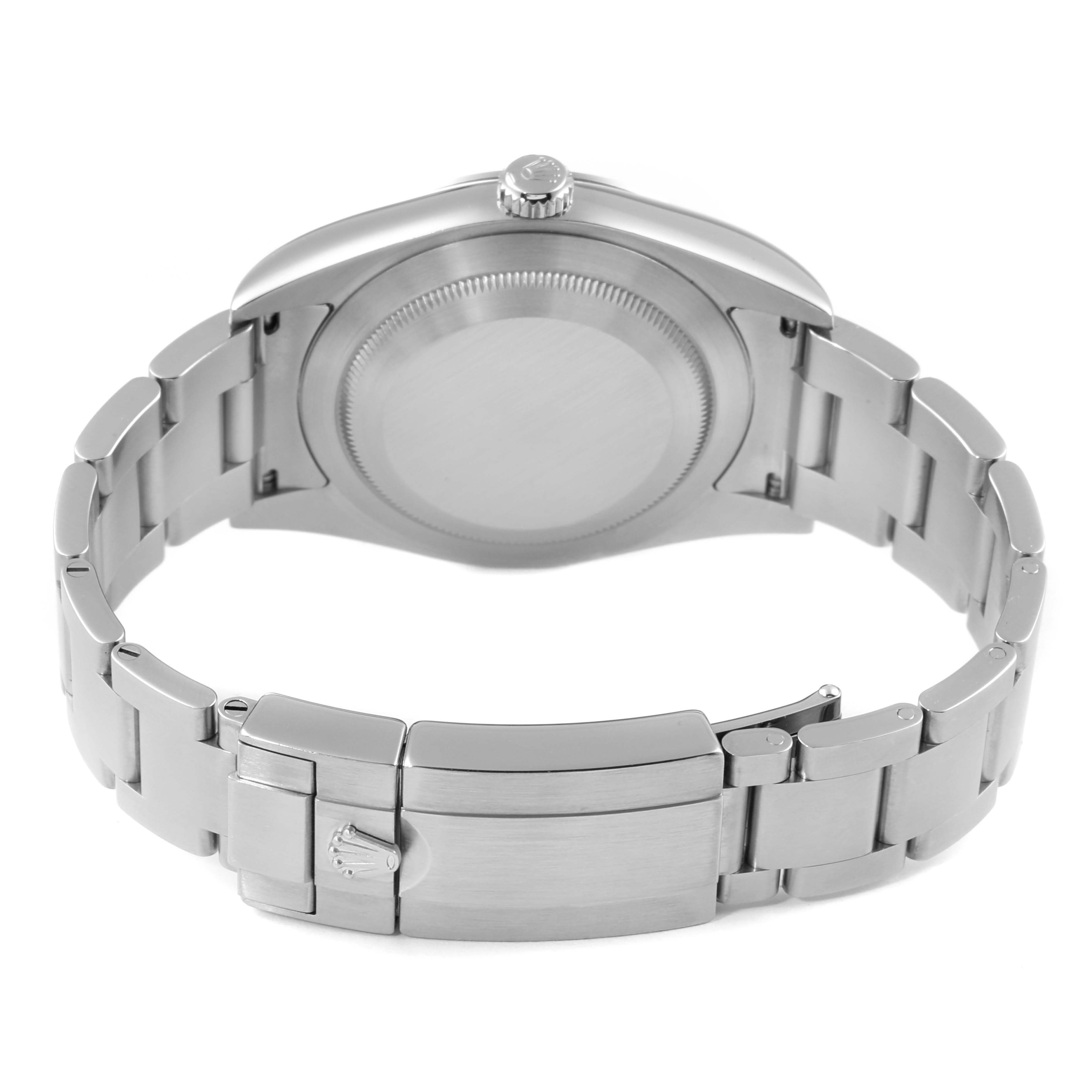 This image shows the backside and clasp of a Rolex Explorer 214270 Men
s Stainless Steel Black Dial 214270 Men
s Stainless Steel Black Dial watch, highlighting its stainless steel bracelet and case.