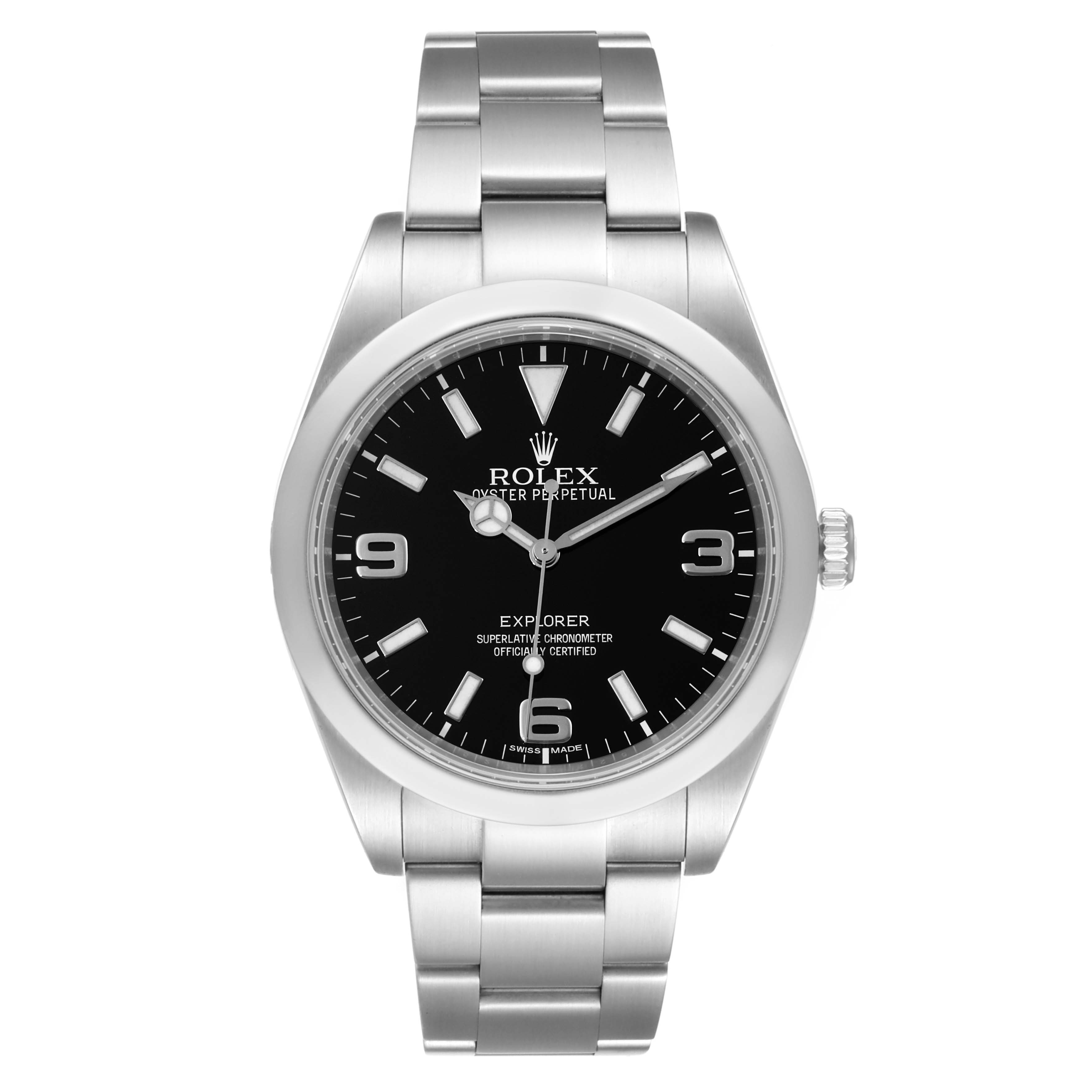 The image shows a front view of the Rolex Explorer 214270 Men
s Stainless Steel Black Dial 214270 Men
s Stainless Steel Black Dial watch, highlighting its black dial, stainless steel case, and bracelet.