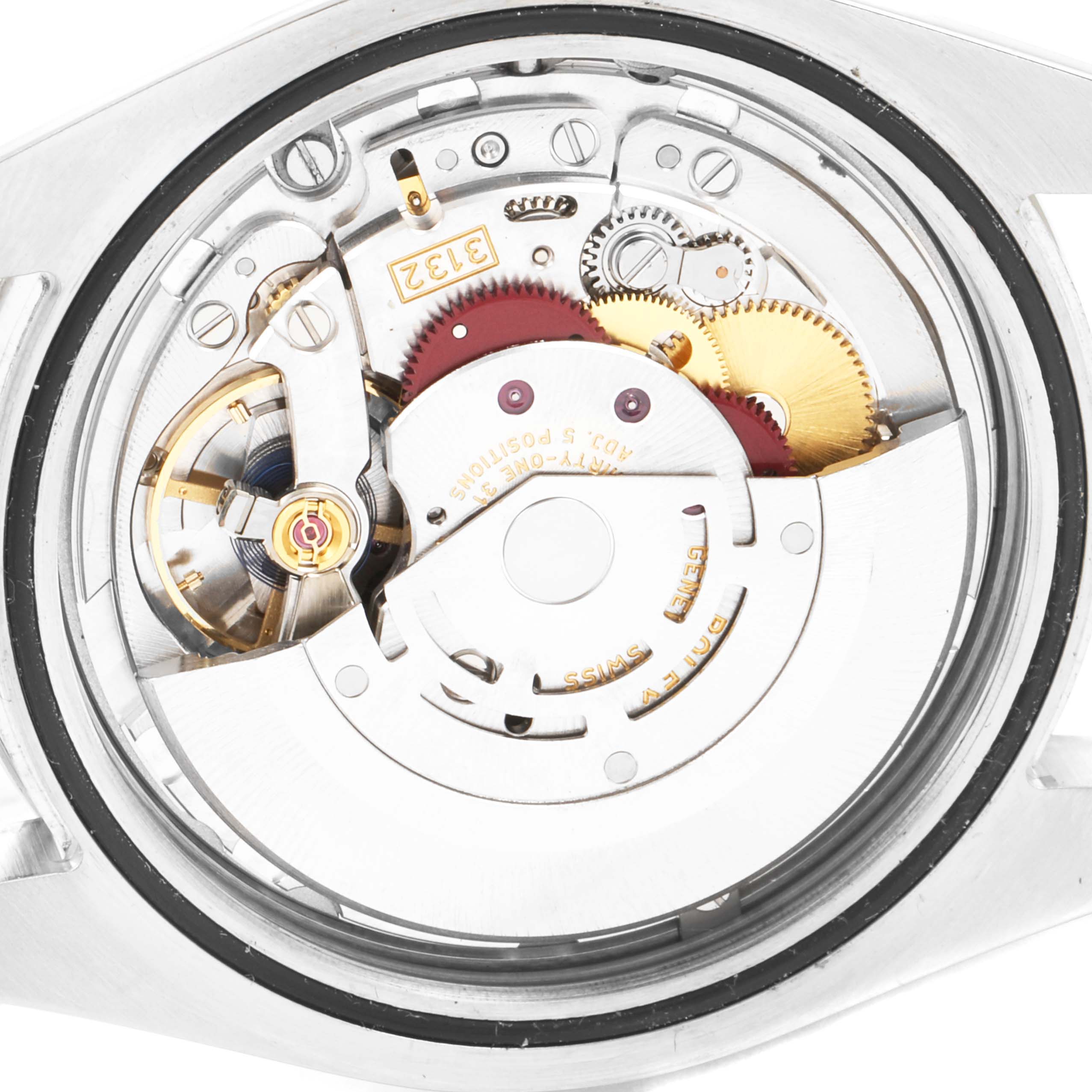 The image shows the intricate inner mechanics and movement of a Rolex Explorer 214270 Men
s Stainless Steel Black Dial 214270 Men
s Stainless Steel Black Dial watch, viewed from the case back.