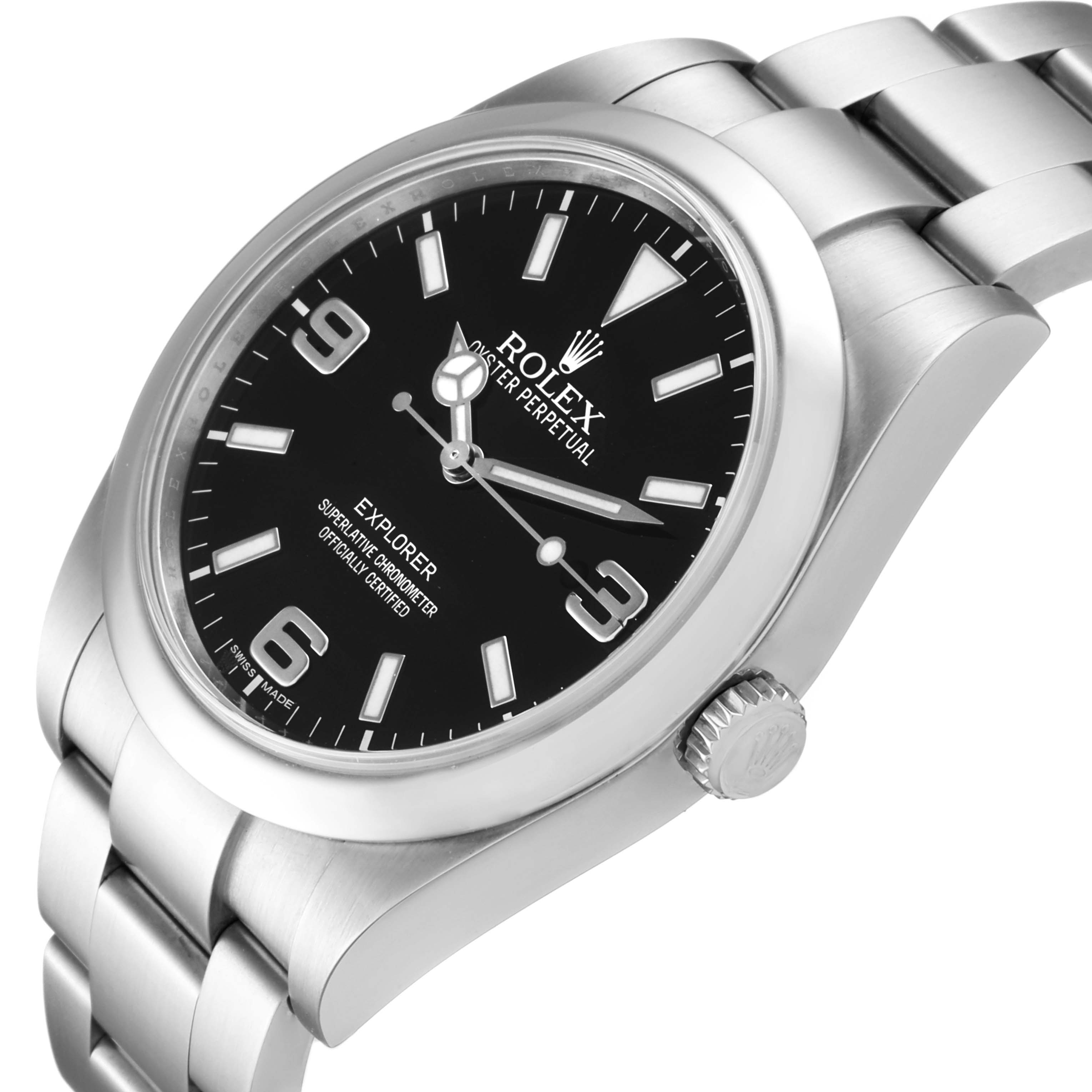 This image shows a close-up, angled view of the Rolex Explorer 214270 Men
s Stainless Steel Black Dial 214270 Men
s Stainless Steel Black Dial watch, highlighting the face, bezel, crown, and part of the bracelet.