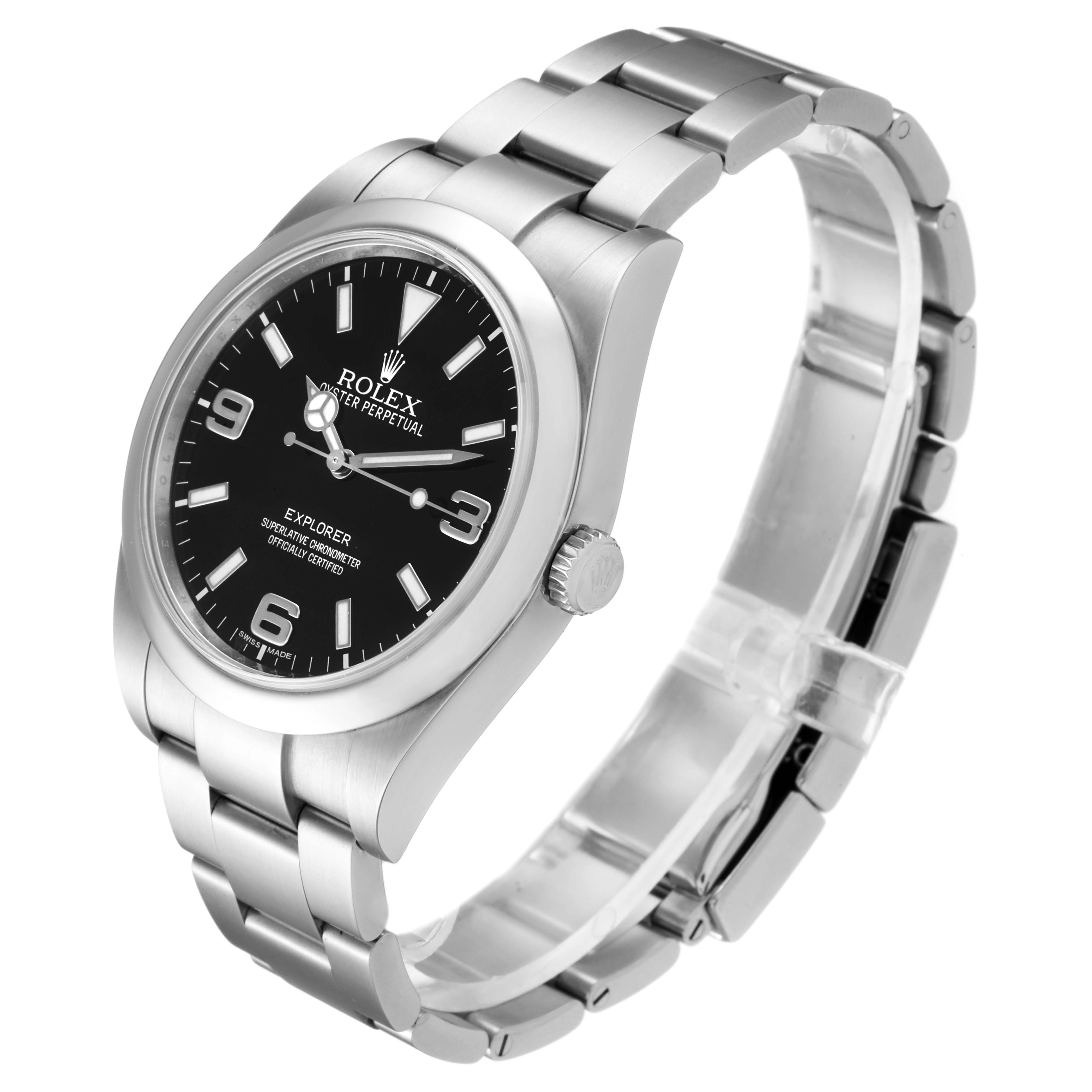 The Rolex Explorer 214270 Men
s Stainless Steel Black Dial 214270 Men
s Stainless Steel Black Dial model watch is shown at a three-quarter angle, displaying the face, case, and bracelet.