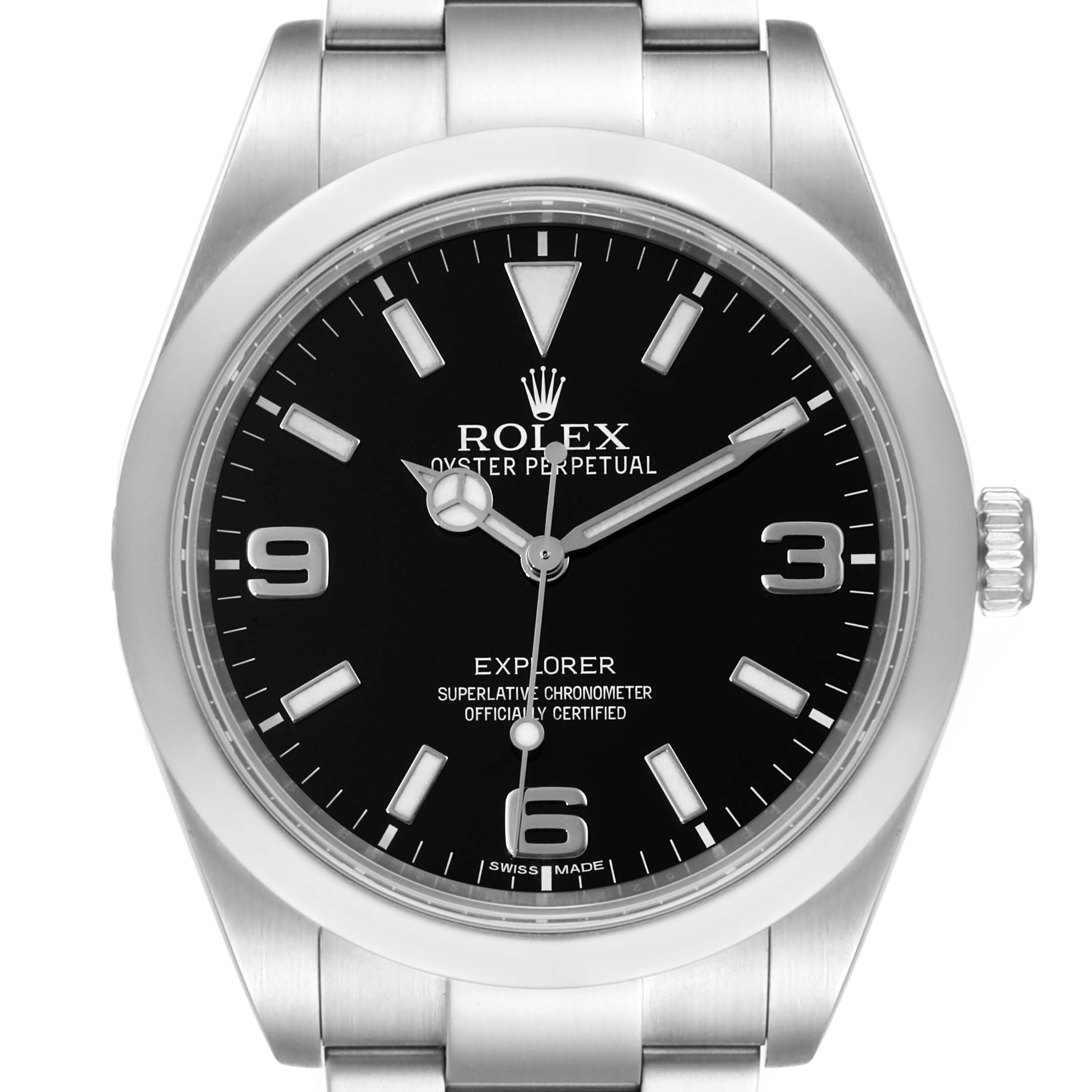 This image shows a front view of a Rolex Explorer 214270 Men
s Stainless Steel Black Dial 214270 Men
s Stainless Steel Black Dial watch, displaying the dial, hands, crown, and part of the bracelet.