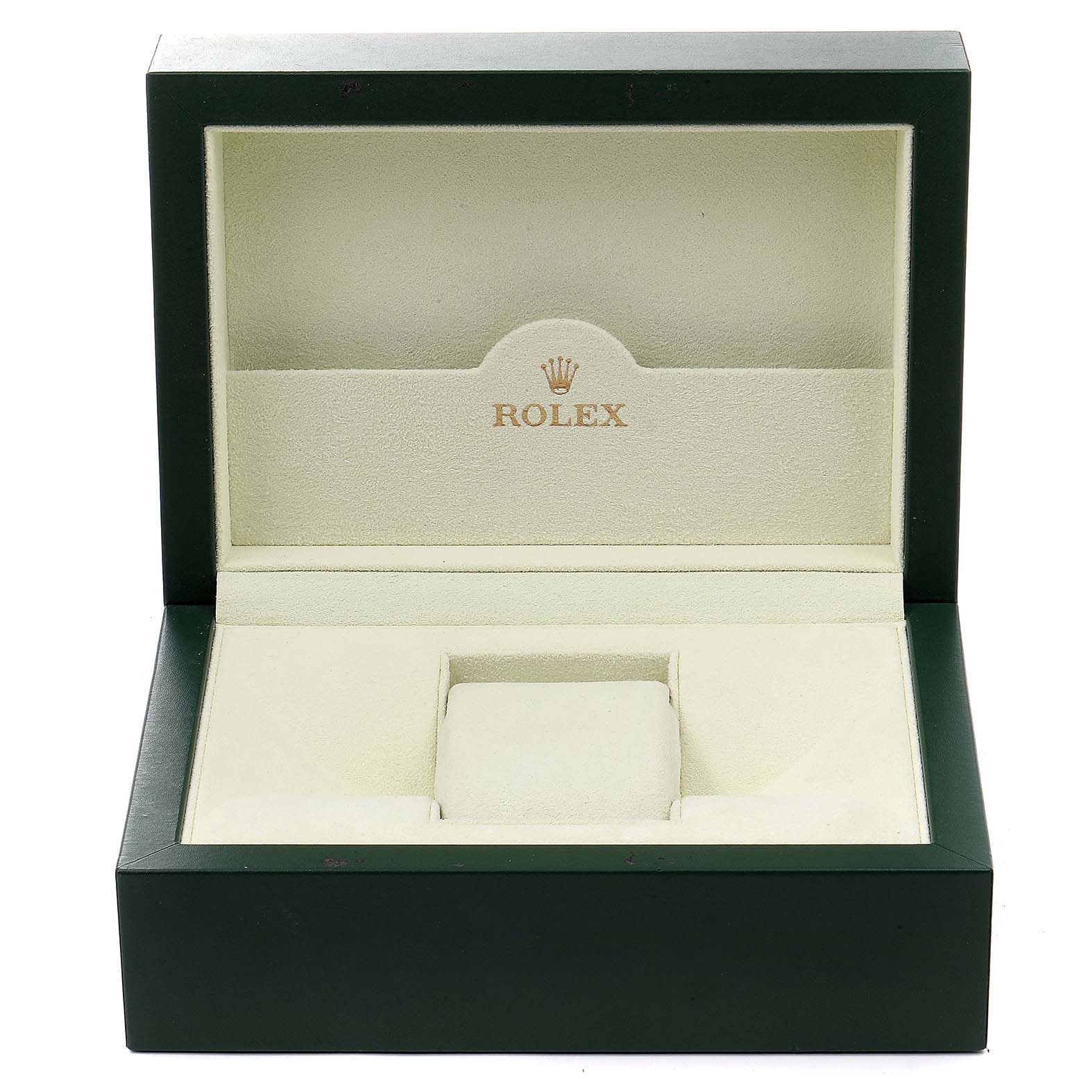 The image shows an open green Rolex watch box, likely for the Explorer model.