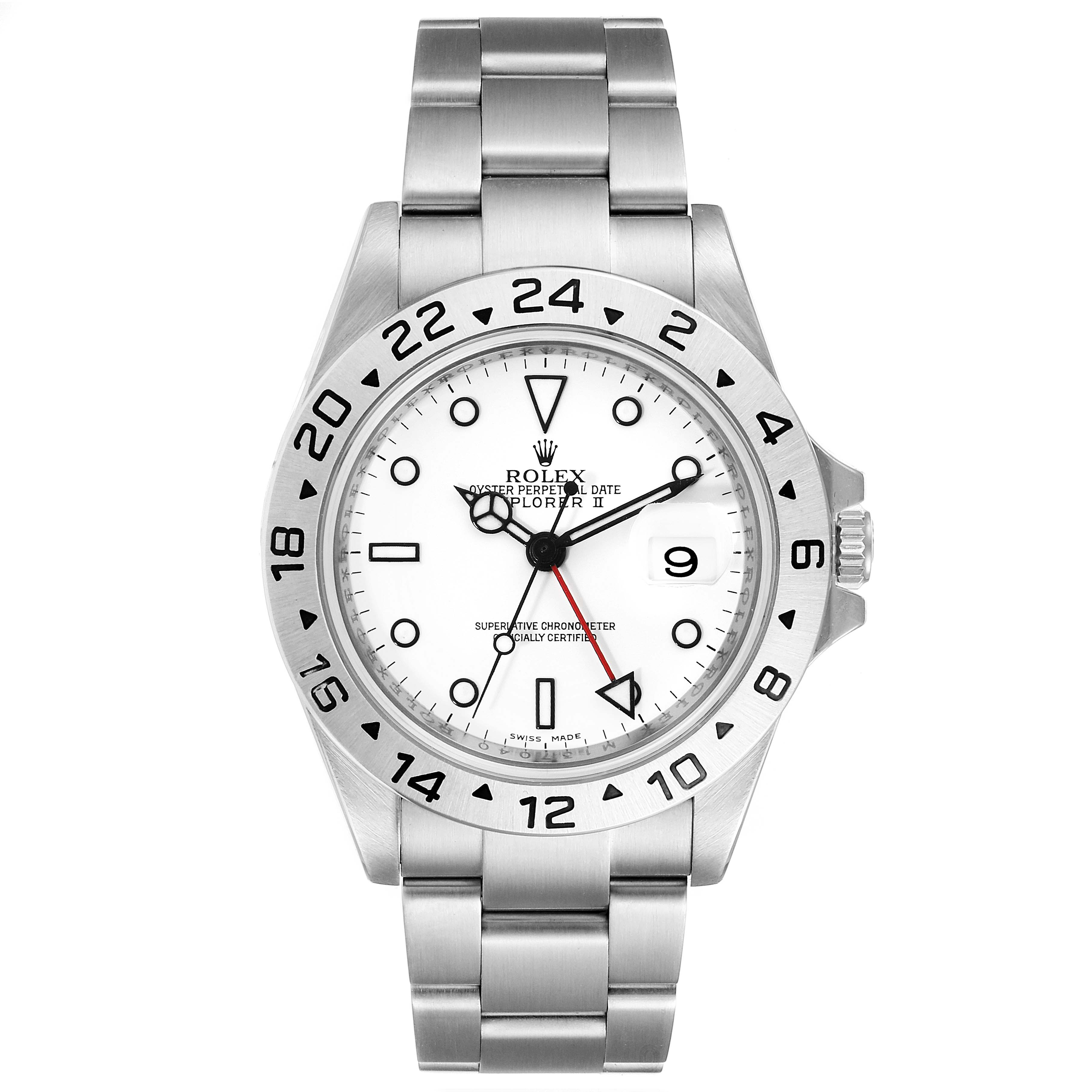 The image shows a front view of a Rolex Explorer 16570 Men's Stainless Steel White Dial 16570 Men's Stainless Steel White Dial watch, highlighting the dial, bezel, bracelet, and crown.