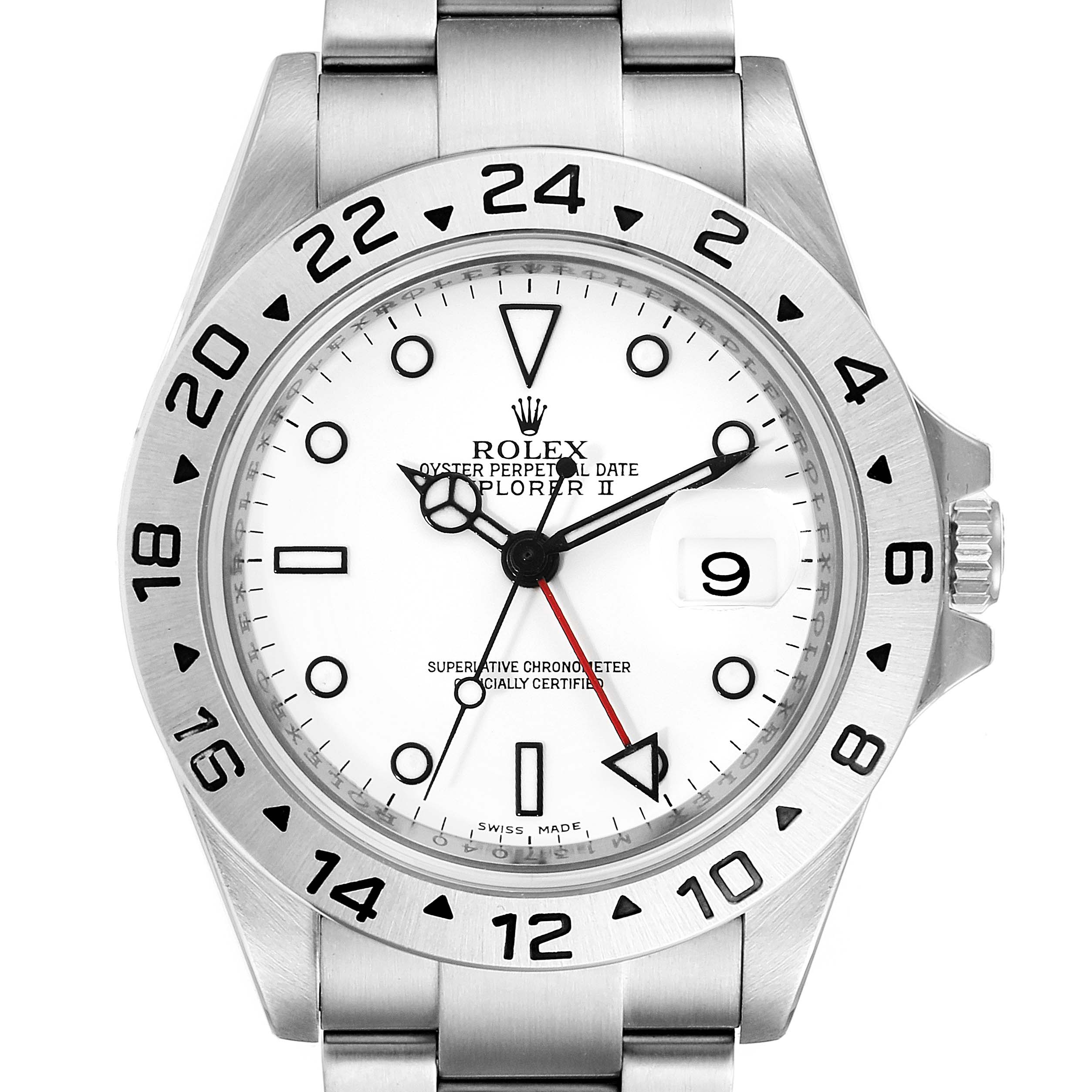 The image shows a front view of the Rolex Explorer 16570 Men's Stainless Steel White Dial 16570 Men's Stainless Steel White Dial watch, displaying the dial, bezel, bracelet, and crown.