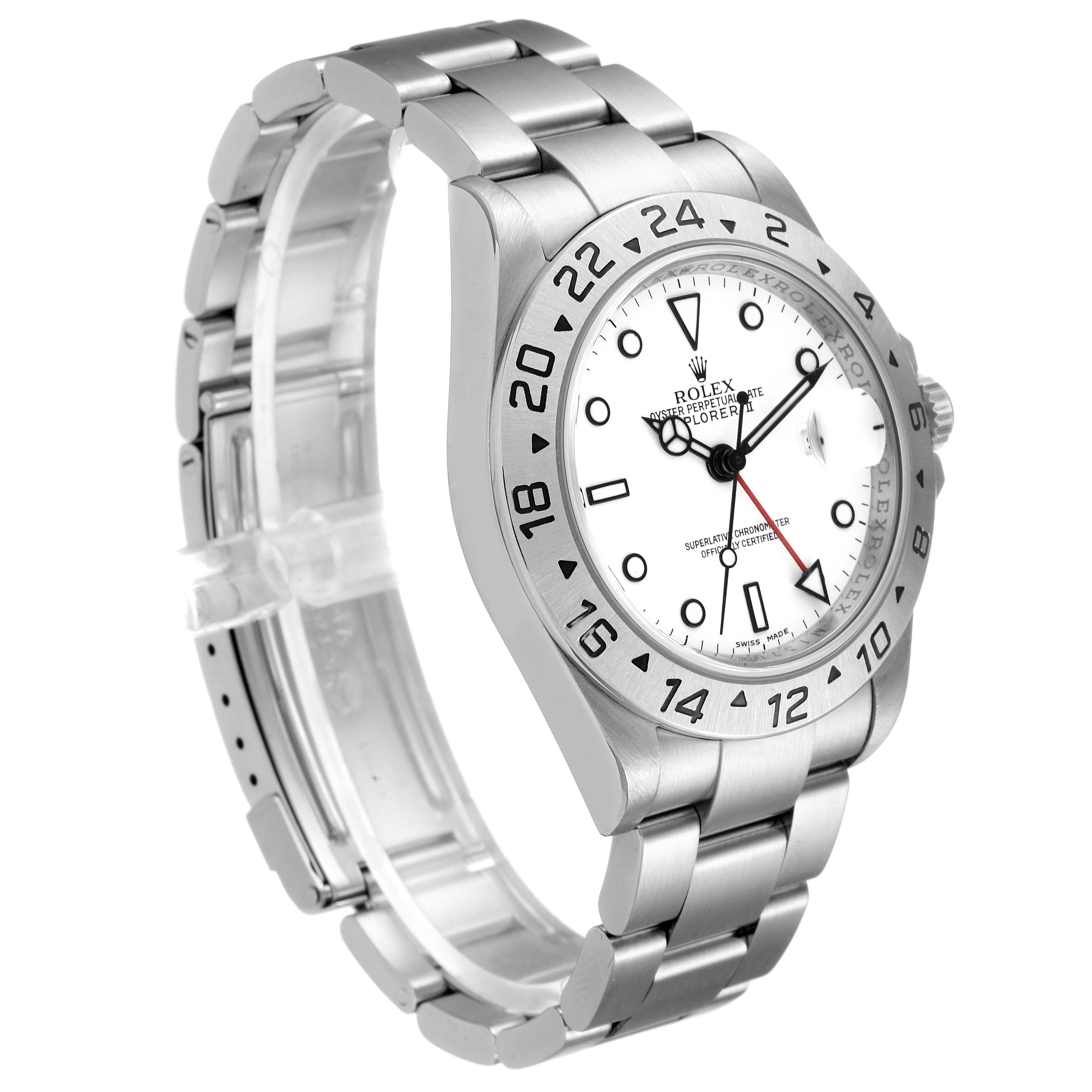 This is a front-side view of a Rolex Explorer 16570 Men's Stainless Steel White Dial 16570 Men's Stainless Steel White Dial watch showcasing the dial, bezel, and bracelet.