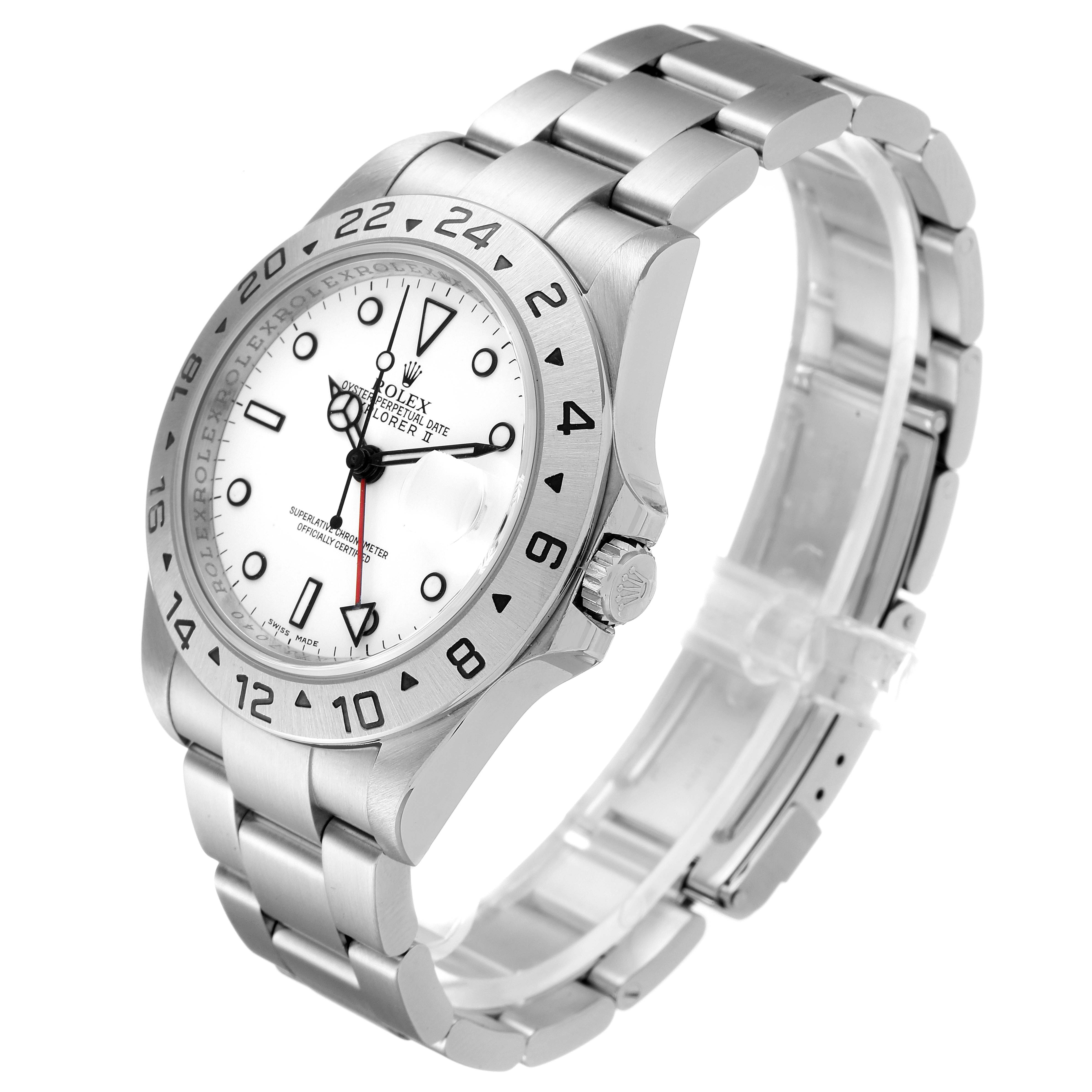 The Rolex Explorer 16570 Men's Stainless Steel White Dial 16570 Men's Stainless Steel White Dial model watch is shown at an angle revealing the face, bezel, crown, and partially open bracelet.