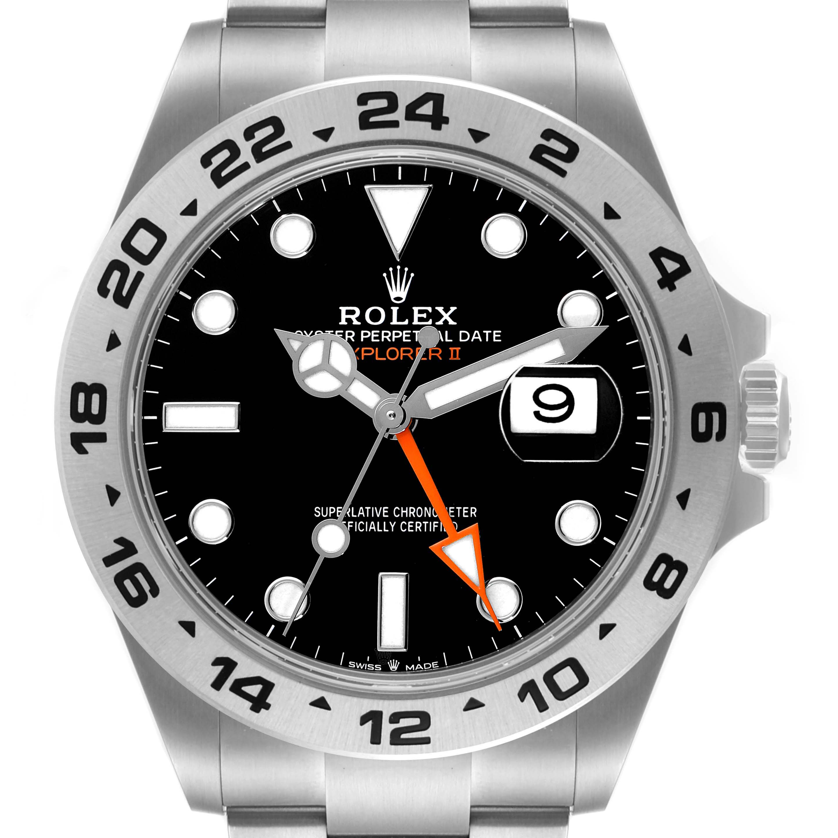 The image shows a frontal view of the Rolex Explorer 226570 Men's Stainless Steel Black Dial 226570 Men's Stainless Steel Black Dial watch, highlighting the dial, hands, bezel, and date window.