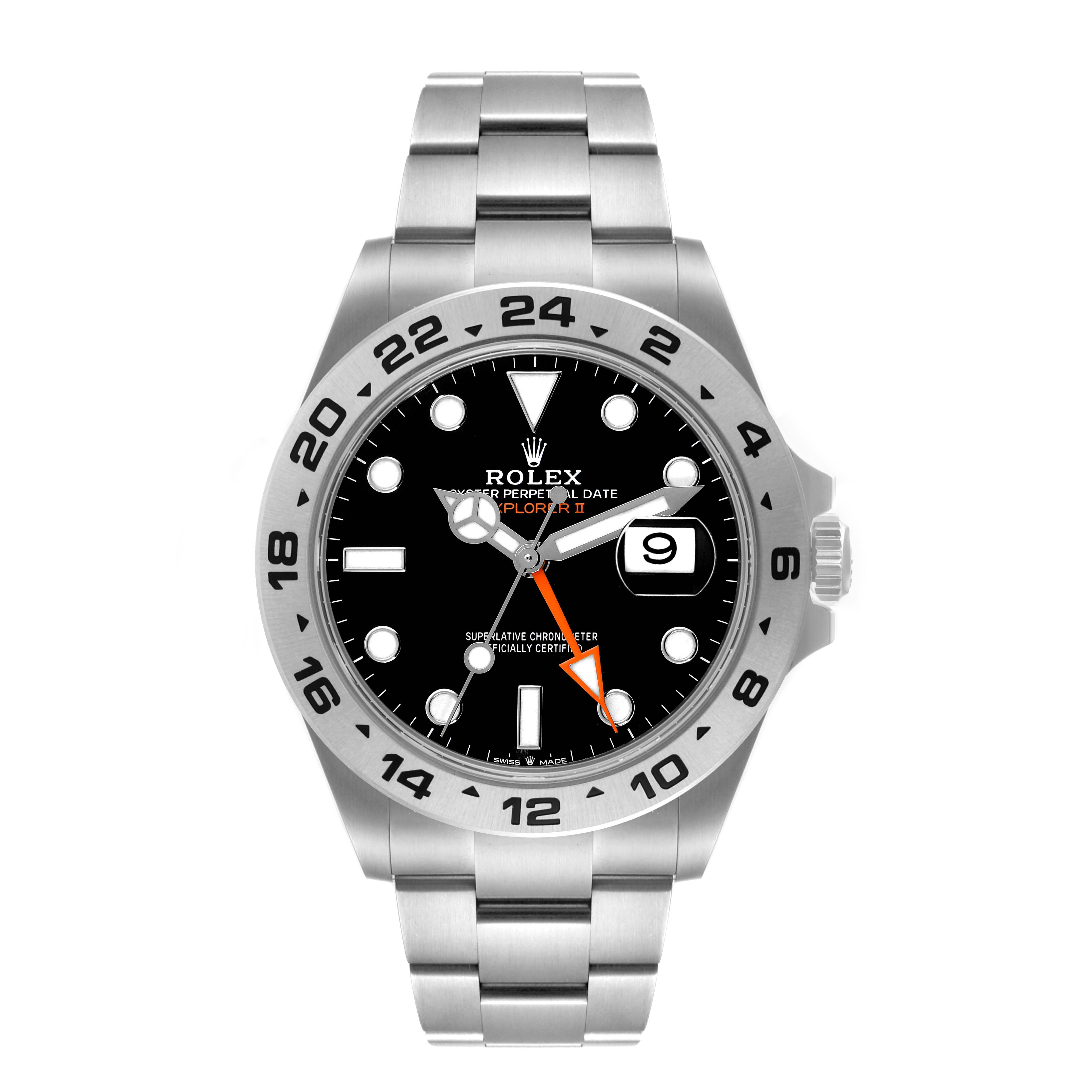 This image shows a front view of the Rolex Explorer 226570 Men's Stainless Steel Black Dial 226570 Men's Stainless Steel Black Dial watch, featuring its dial, bezel, and bracelet.