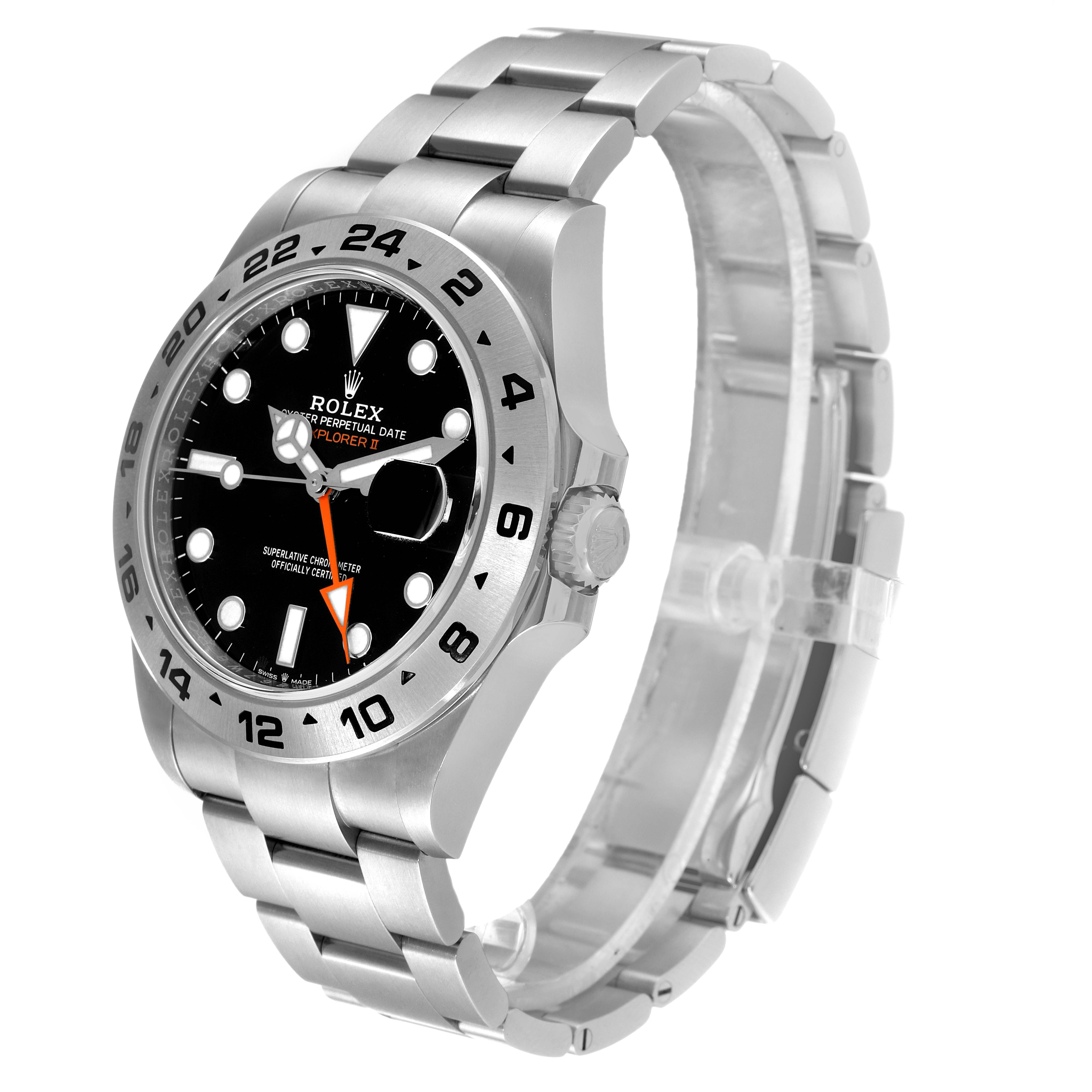 The Rolex Explorer 226570 Men's Stainless Steel Black Dial 226570 Men's Stainless Steel Black Dial watch is shown from an angled front perspective, highlighting its face, bezel, crown, and bracelet.