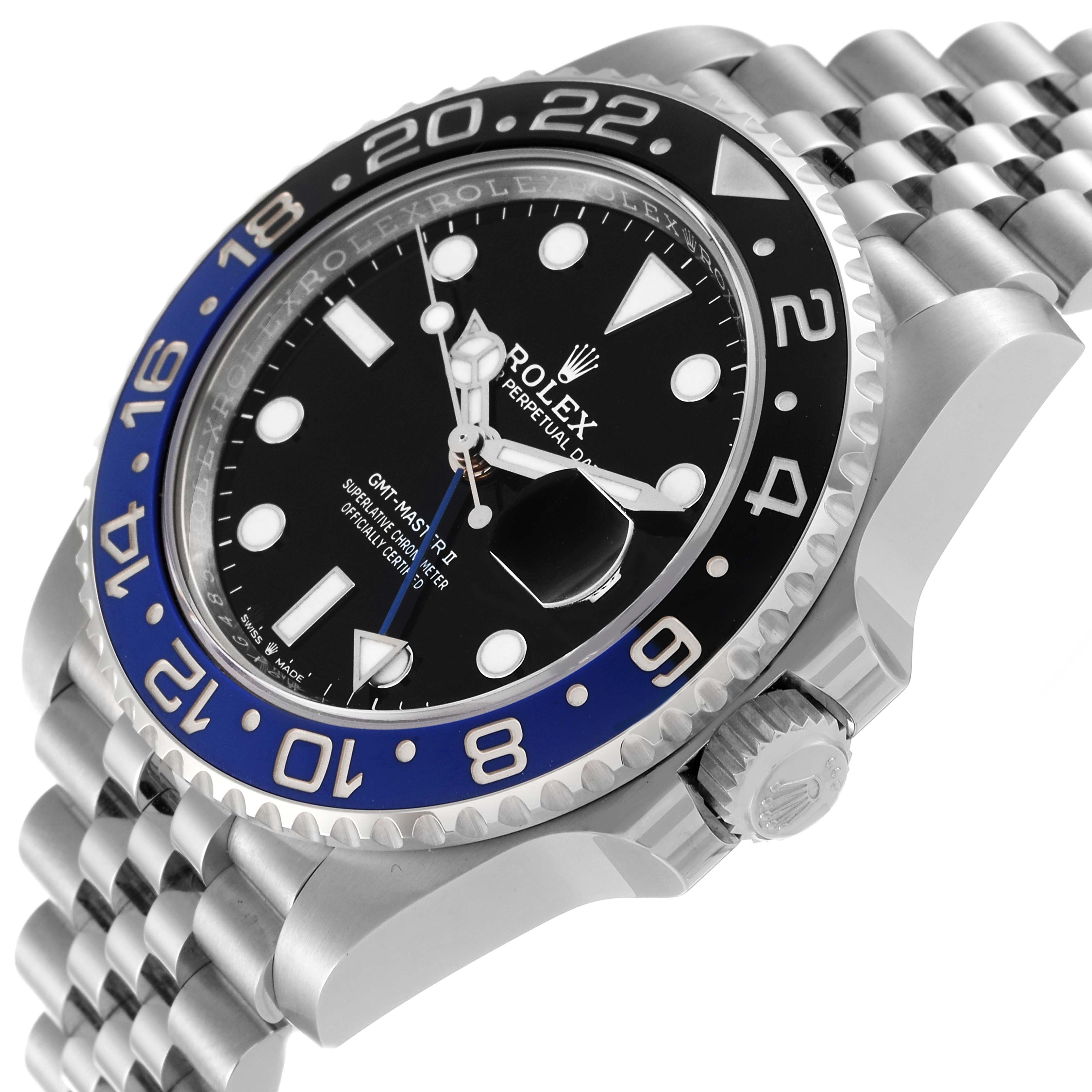 The Rolex GMT-Master 126710 Men
s Stainless Steel Black Dial 126710 Men
s Stainless Steel Black Dial watch is shown from an angled side view, highlighting the bezel, dial, and part of the bracelet.