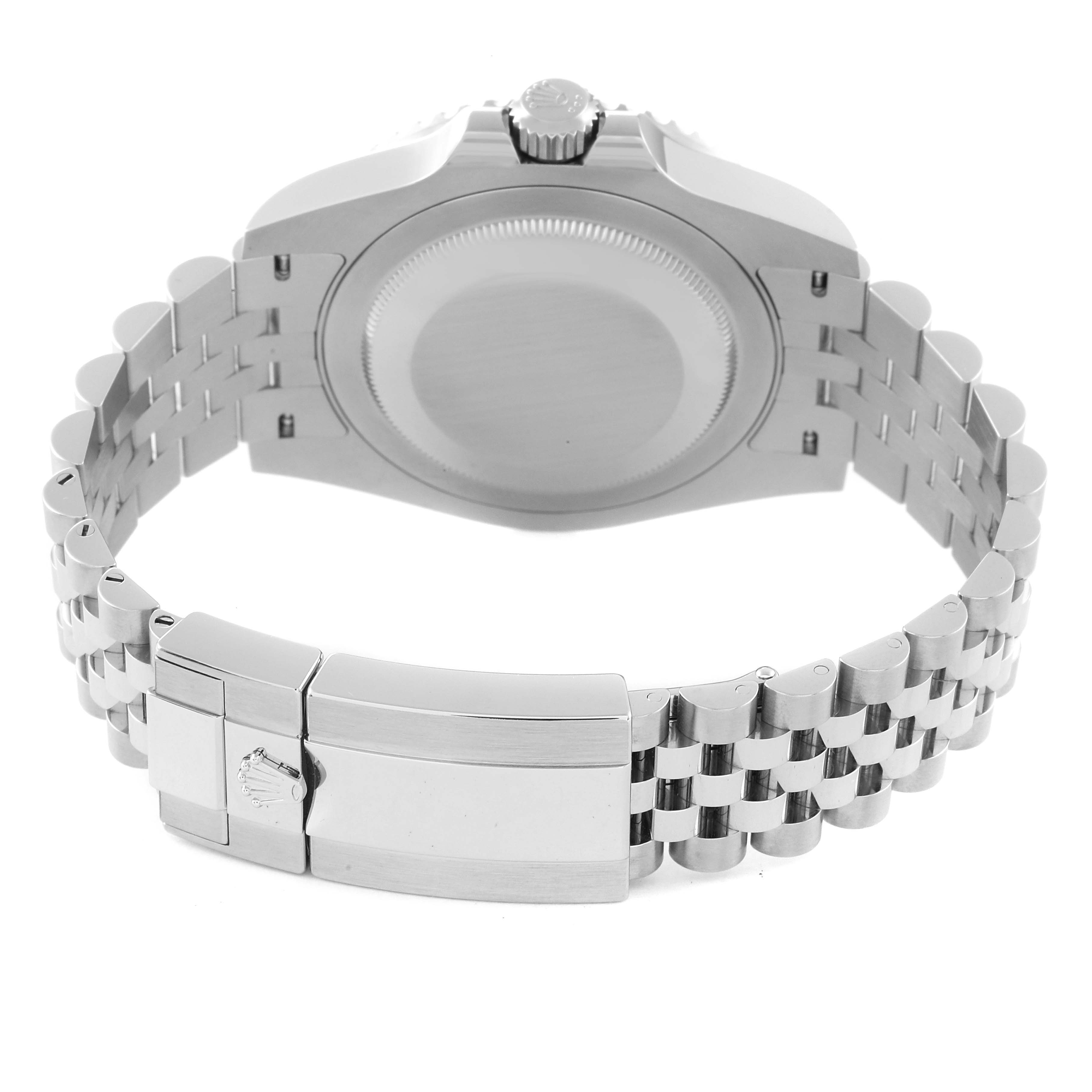 This image shows the back view of the Rolex GMT-Master 126710 Men
s Stainless Steel Black Dial 126710 Men
s Stainless Steel Black Dial watch, highlighting its clasp, bracelet, and opaque case back.