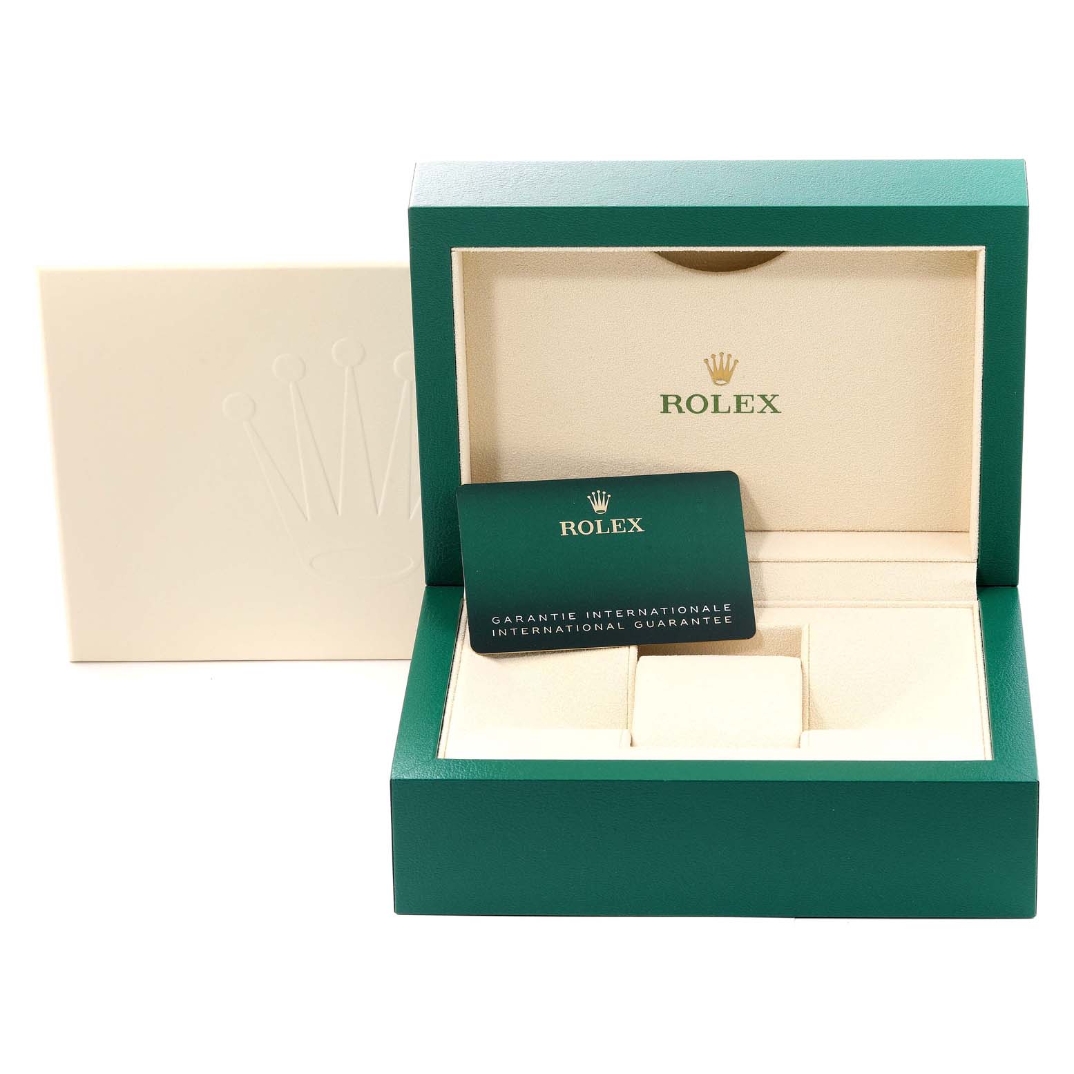 The image shows the open box and international guarantee card for a Rolex GMT-Master 126710 Men
s Stainless Steel Black Dial 126710 Men
s Stainless Steel Black Dial watch.