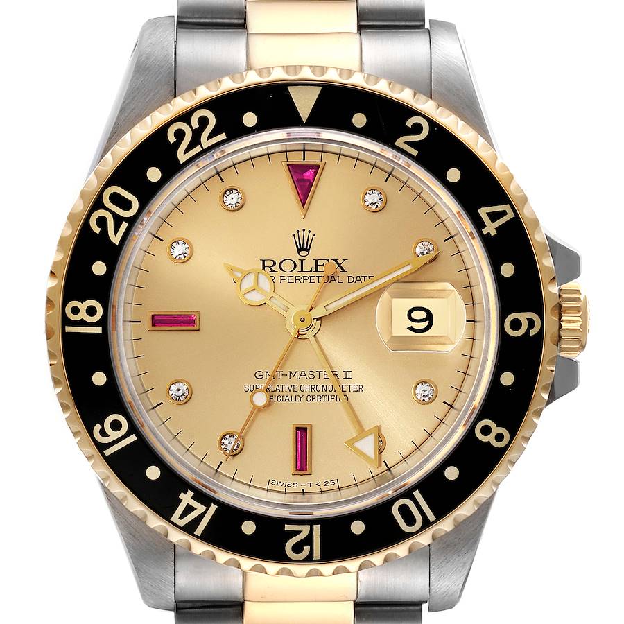 Rolex GMT Master II Diamond Ruby Serti Dial Steel Yellow Gold Mens Watch 16713 Box Papers SwissWatchExpo
