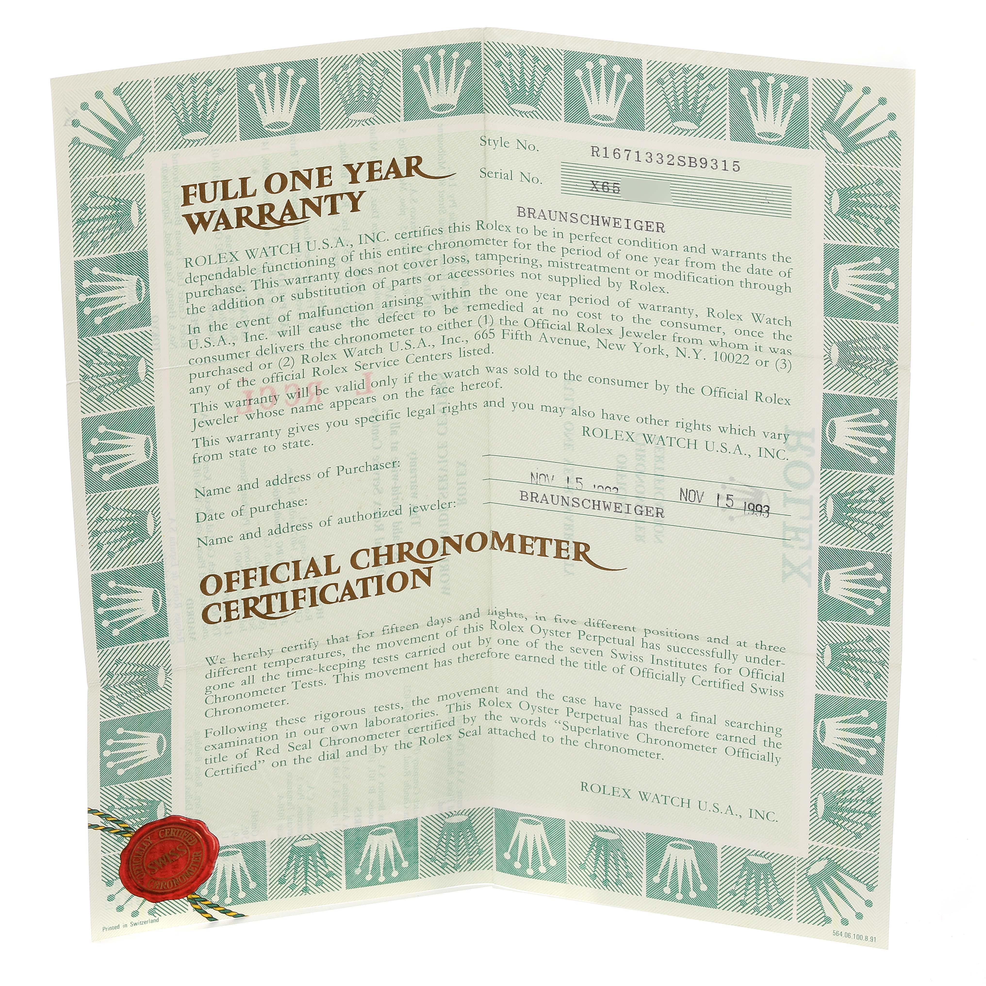 The image shows a full one-year warranty and official chronometer certification for a Rolex GMT-Master 16713 Men's Steel and Gold (two tone) Champagne Dial 16713 Men's Steel and Gold (two tone) Champagne Dial watch.