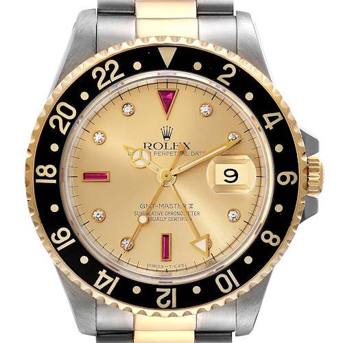 Photo of Rolex GMT Master II Diamond Ruby Serti Dial Steel Yellow Gold Mens Watch 16713 Box Papers