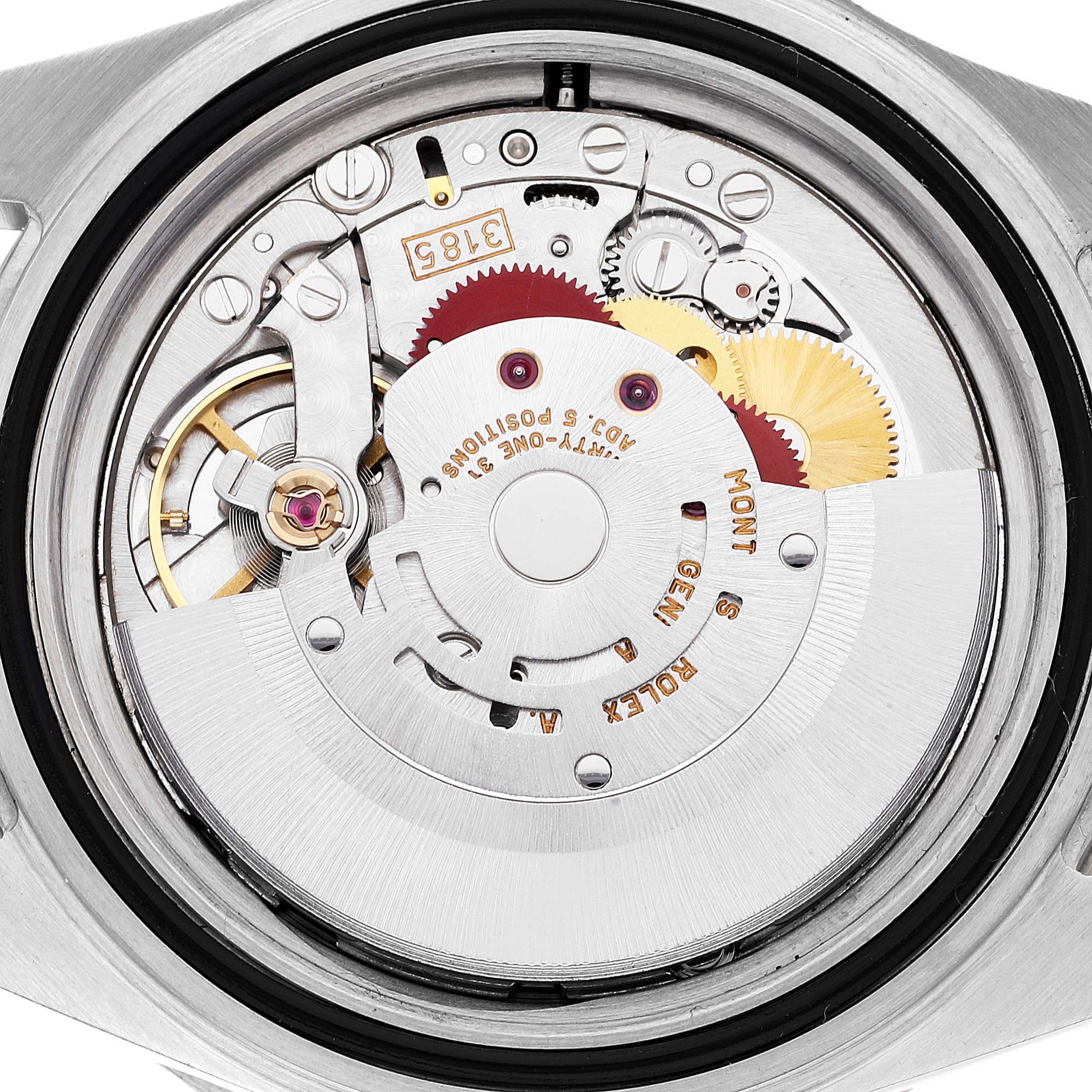 The image shows a close-up of the movement mechanism of a Rolex GMT-Master 16713 Men's Steel and Gold (two tone) Champagne Dial 16713 Men's Steel and Gold (two tone) Champagne Dial watch from the back.