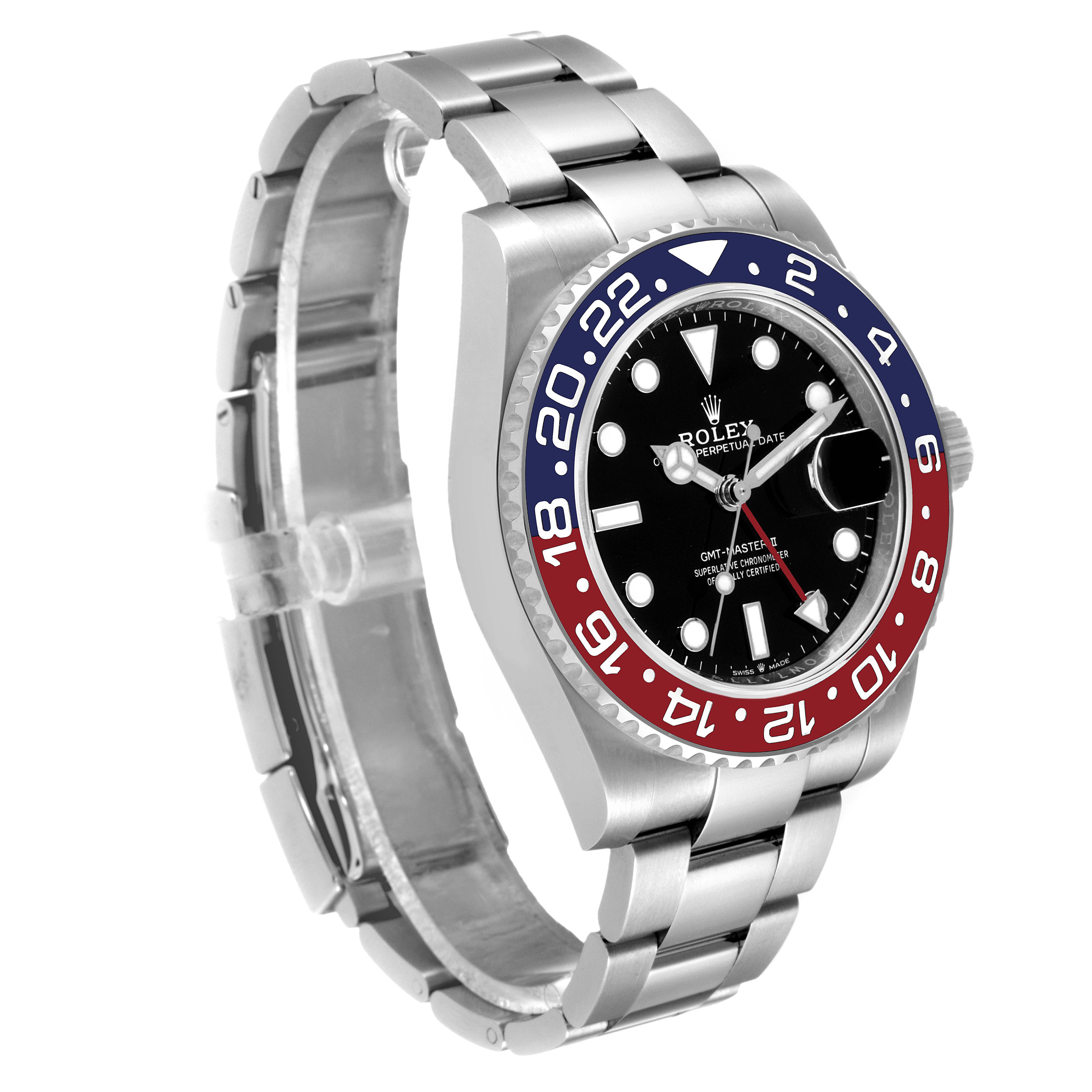 A Rolex GMT-Master 126710BLRO Men
s Stainless Steel Black Dial 126710BLRO Men
s Stainless Steel Black Dial watch is shown at an angle highlighting the bezel, dial, and part of the bracelet.