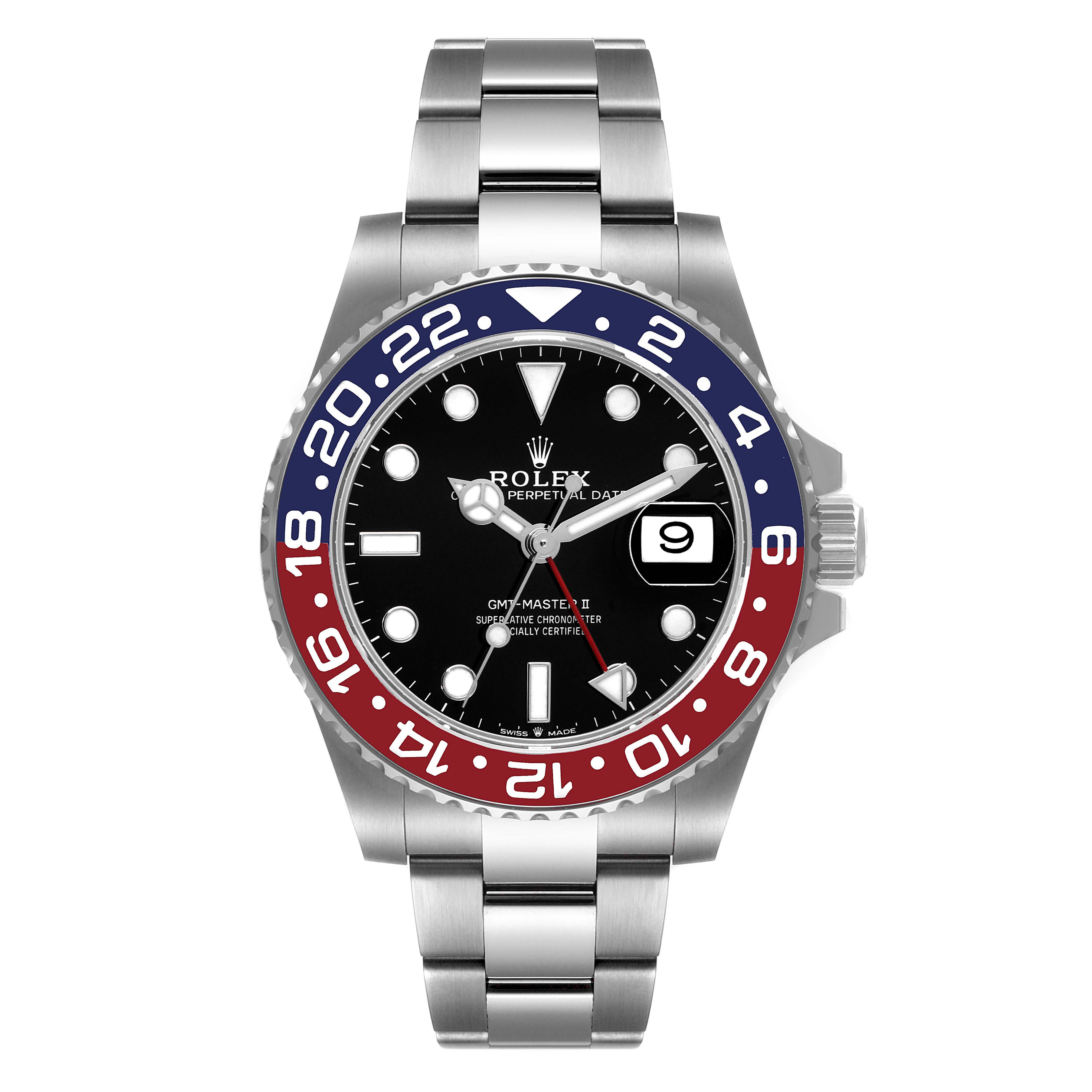 This is a front view of the Rolex GMT-Master 126710BLRO Men
s Stainless Steel Black Dial 126710BLRO Men
s Stainless Steel Black Dial II watch, showing the face, bezel, and bracelet.