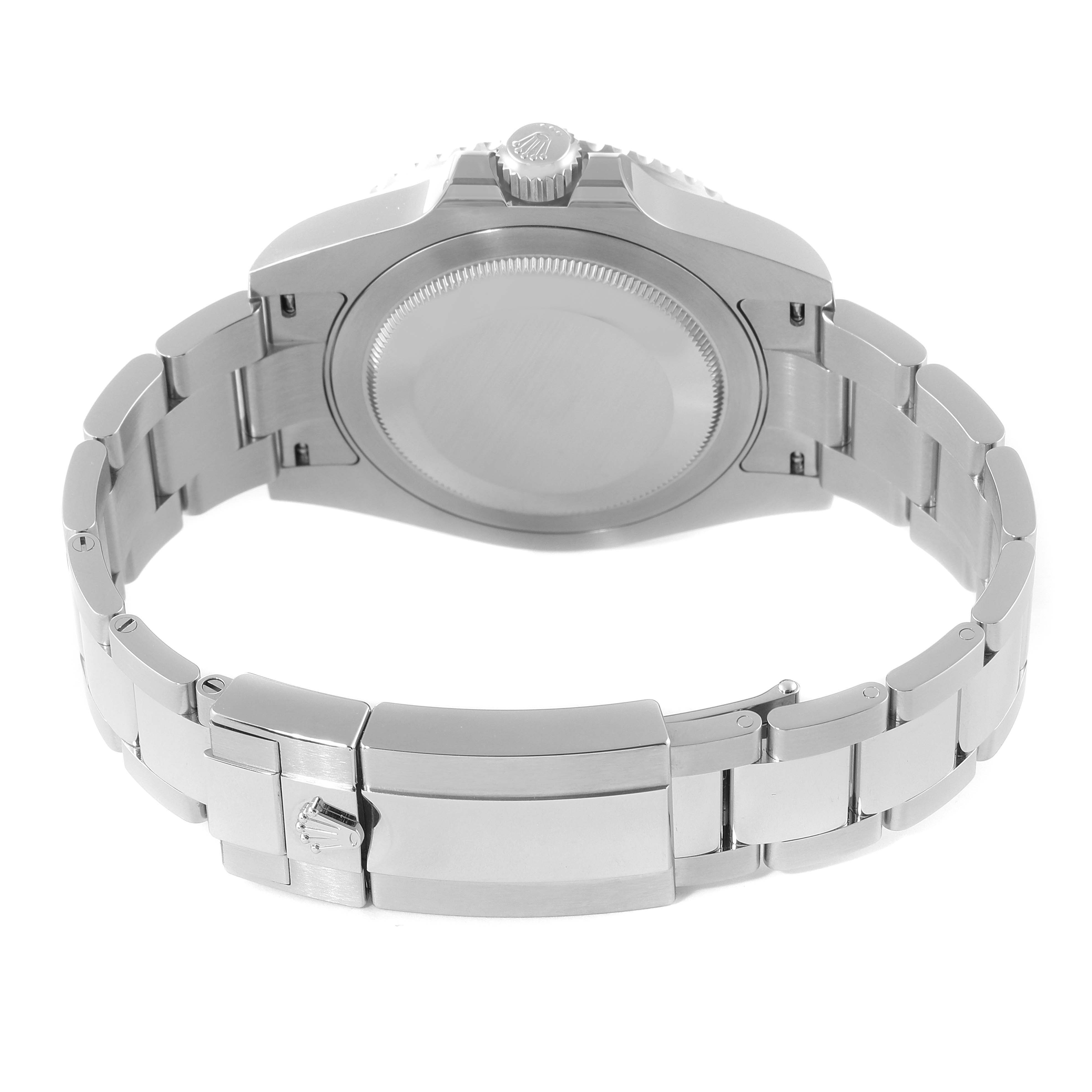 The image shows the back view of the Rolex GMT-Master 126710BLRO Men
s Stainless Steel Black Dial 126710BLRO Men
s Stainless Steel Black Dial watch, focusing on its stainless steel case and bracelet clasp.