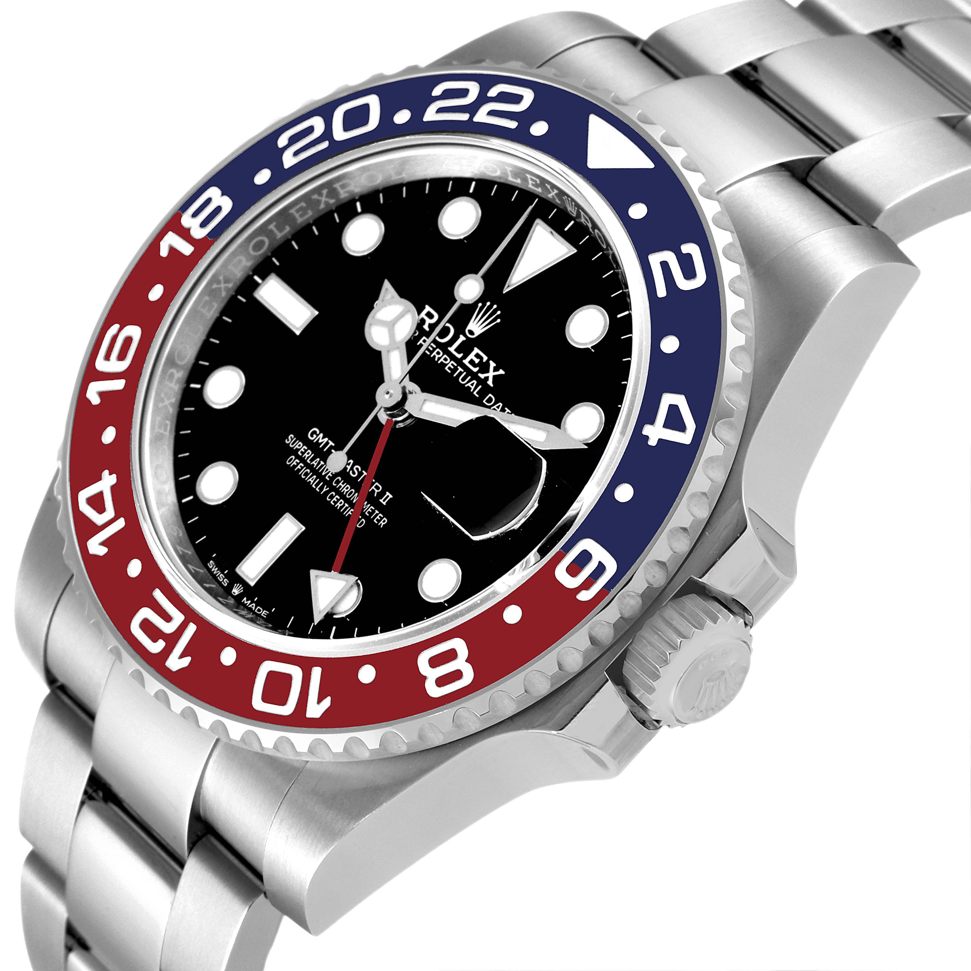 The image shows a side view and partial front of the Rolex GMT-Master 126710BLRO Men
s Stainless Steel Black Dial 126710BLRO Men
s Stainless Steel Black Dial II watch, highlighting the red and blue bezel, dial, and bracelet.