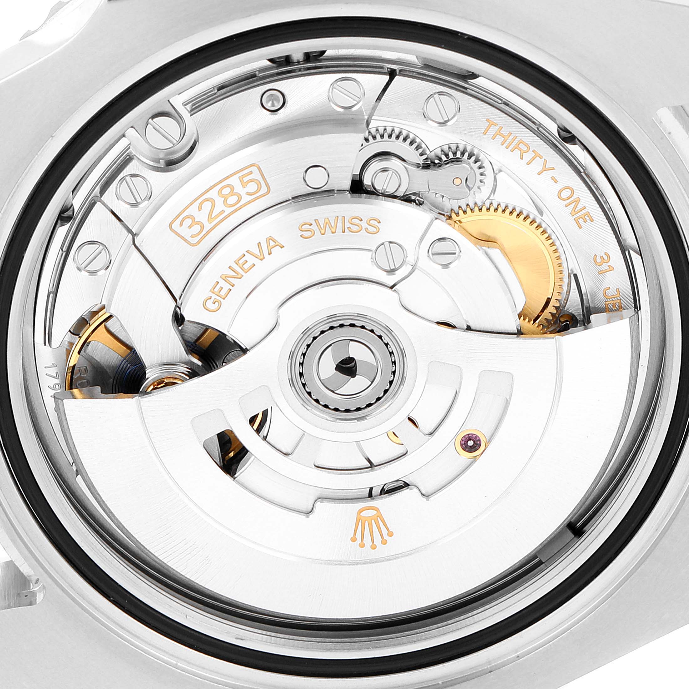 This image shows the internal mechanism of the Rolex GMT-Master 126710BLRO Men
s Stainless Steel Black Dial 126710BLRO Men
s Stainless Steel Black Dial
s movement from a back angle.