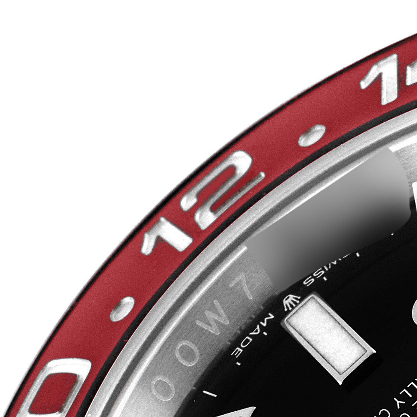 The image shows a close-up of the bezel and dial of a Rolex GMT-Master 126710BLRO Men
s Stainless Steel Black Dial 126710BLRO Men
s Stainless Steel Black Dial watch, highlighting the numbers and markings.