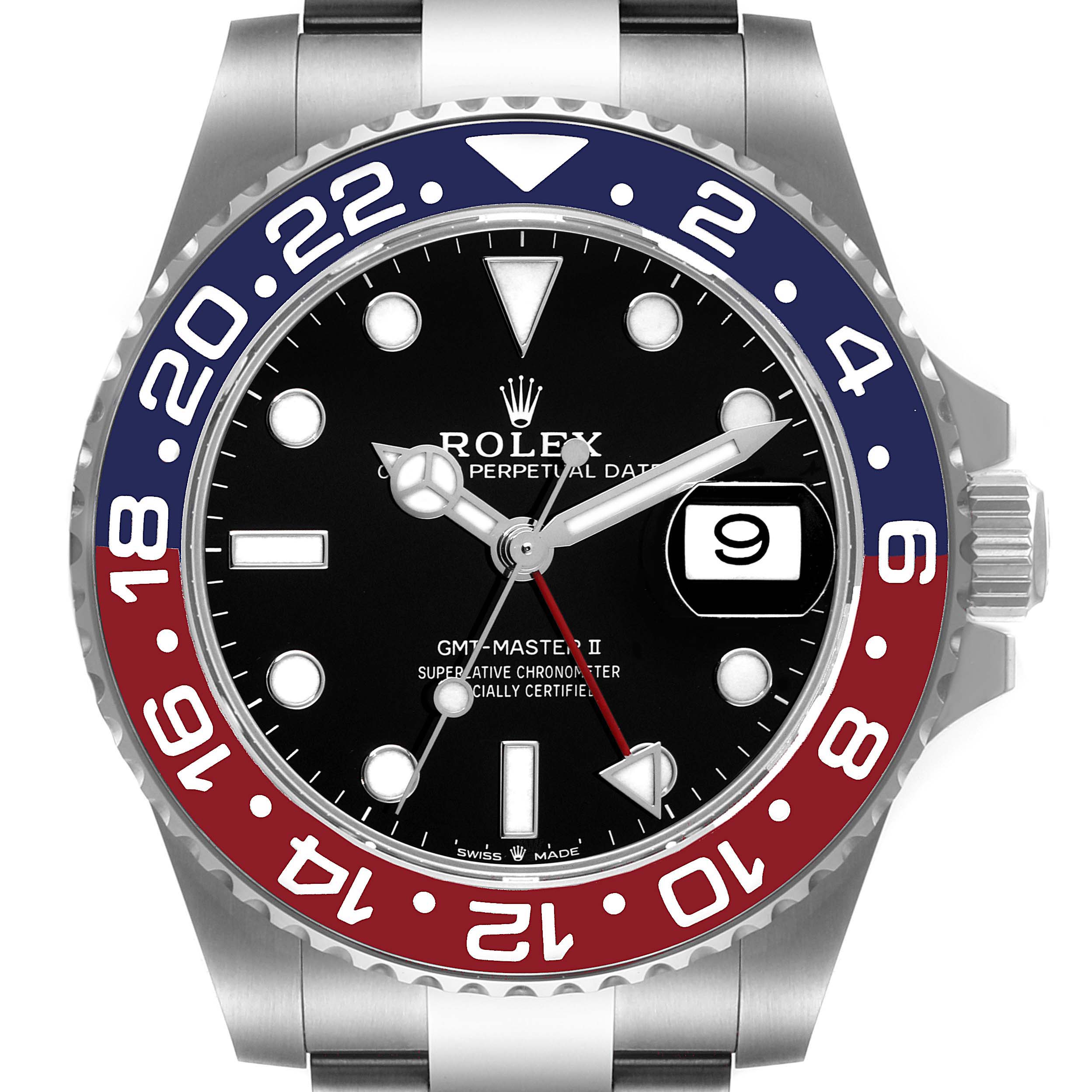The image shows a front view of the Rolex GMT-Master 126710BLRO Men
s Stainless Steel Black Dial 126710BLRO Men
s Stainless Steel Black Dial II watch with a black dial and red and blue bezel.