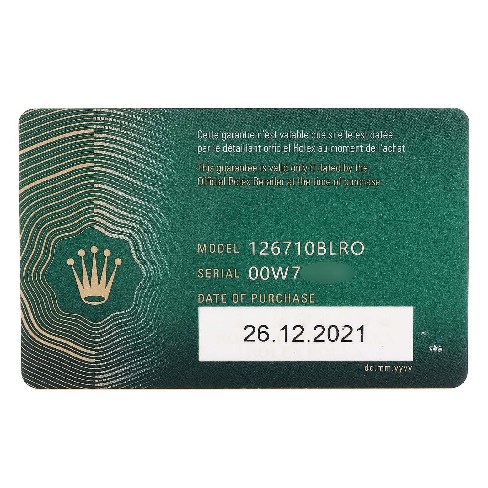 This is a warranty card for the Rolex GMT-Master 126710BLRO Men
s Stainless Steel Black Dial 126710BLRO Men
s Stainless Steel Black Dial model 126710BLRO, displaying model and serial numbers, and date of purchase.