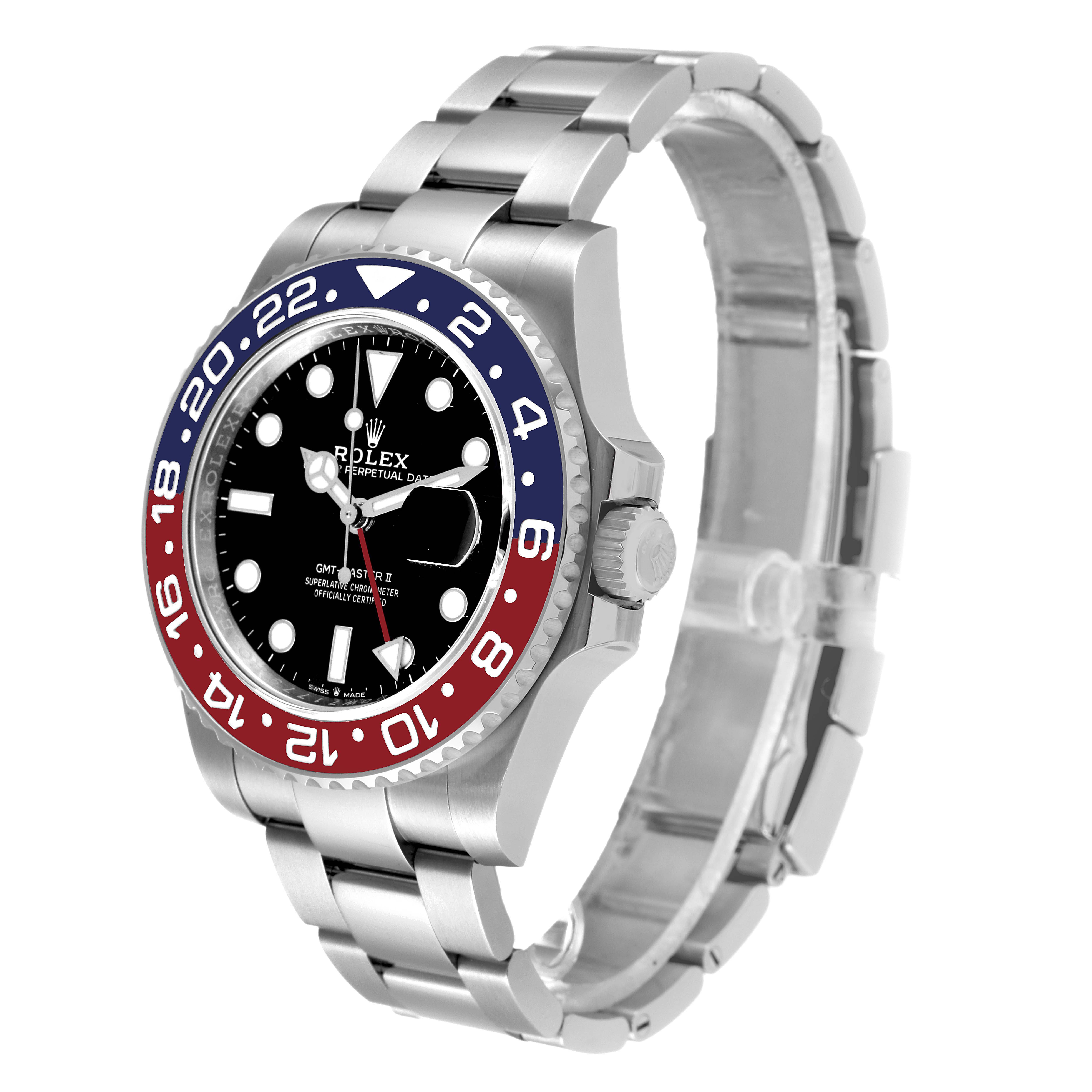 The image shows a Rolex GMT-Master 126710BLRO Men
s Stainless Steel Black Dial 126710BLRO Men
s Stainless Steel Black Dial watch with a "Pepsi" bezel, presented at a three-quarter angle.