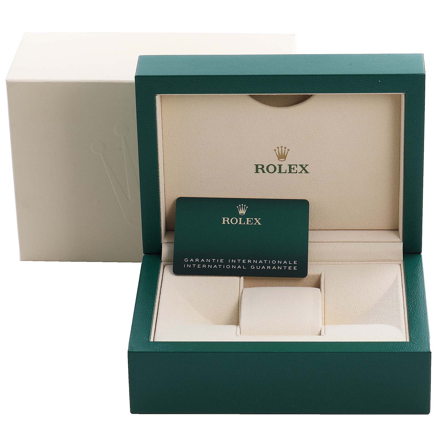 The image shows the packaging of a Rolex GMT-Master 126710BLRO Men
s Stainless Steel Black Dial 126710BLRO Men
s Stainless Steel Black Dial watch, including the inner case, cushion, and guarantee card.