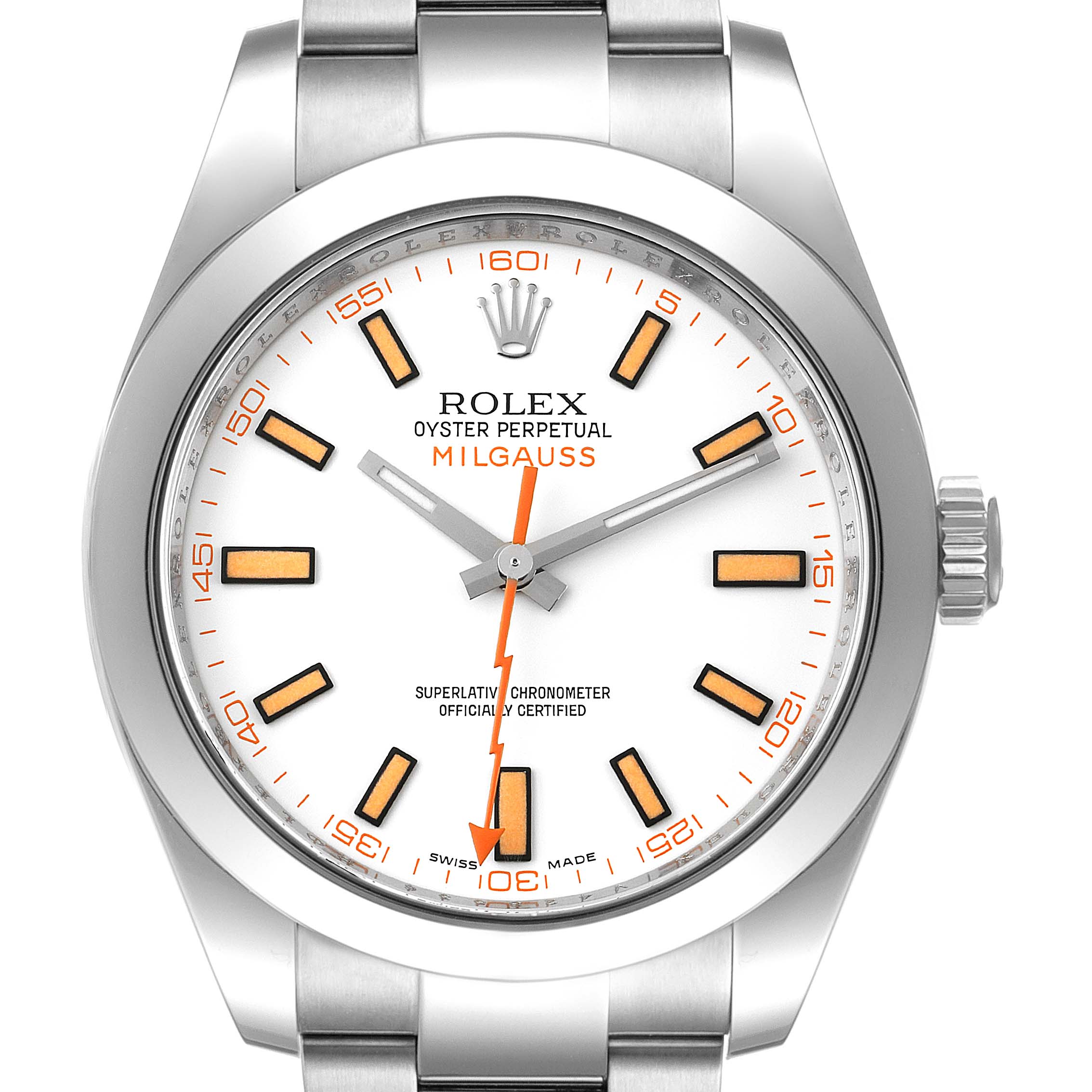 The image shows a front view of a Rolex Milgauss 116400V Men's Stainless Steel White Dial 116400V Men's Stainless Steel White Dial watch, highlighting its dial, hands, and part of the bracelet.