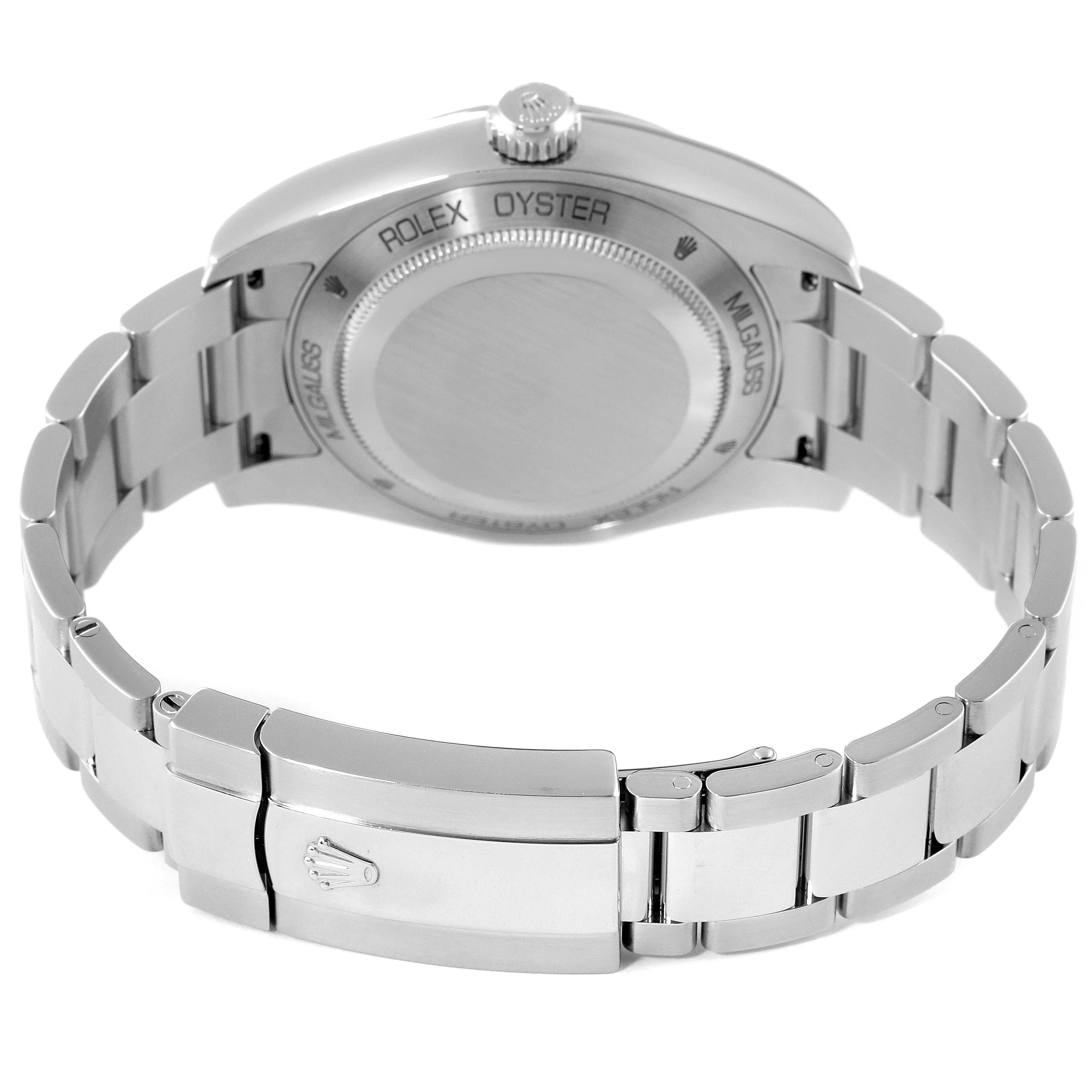 The image shows the back case and bracelet of a Rolex Milgauss 116400V Men's Stainless Steel White Dial 116400V Men's Stainless Steel White Dial watch, viewed from a rear angle.