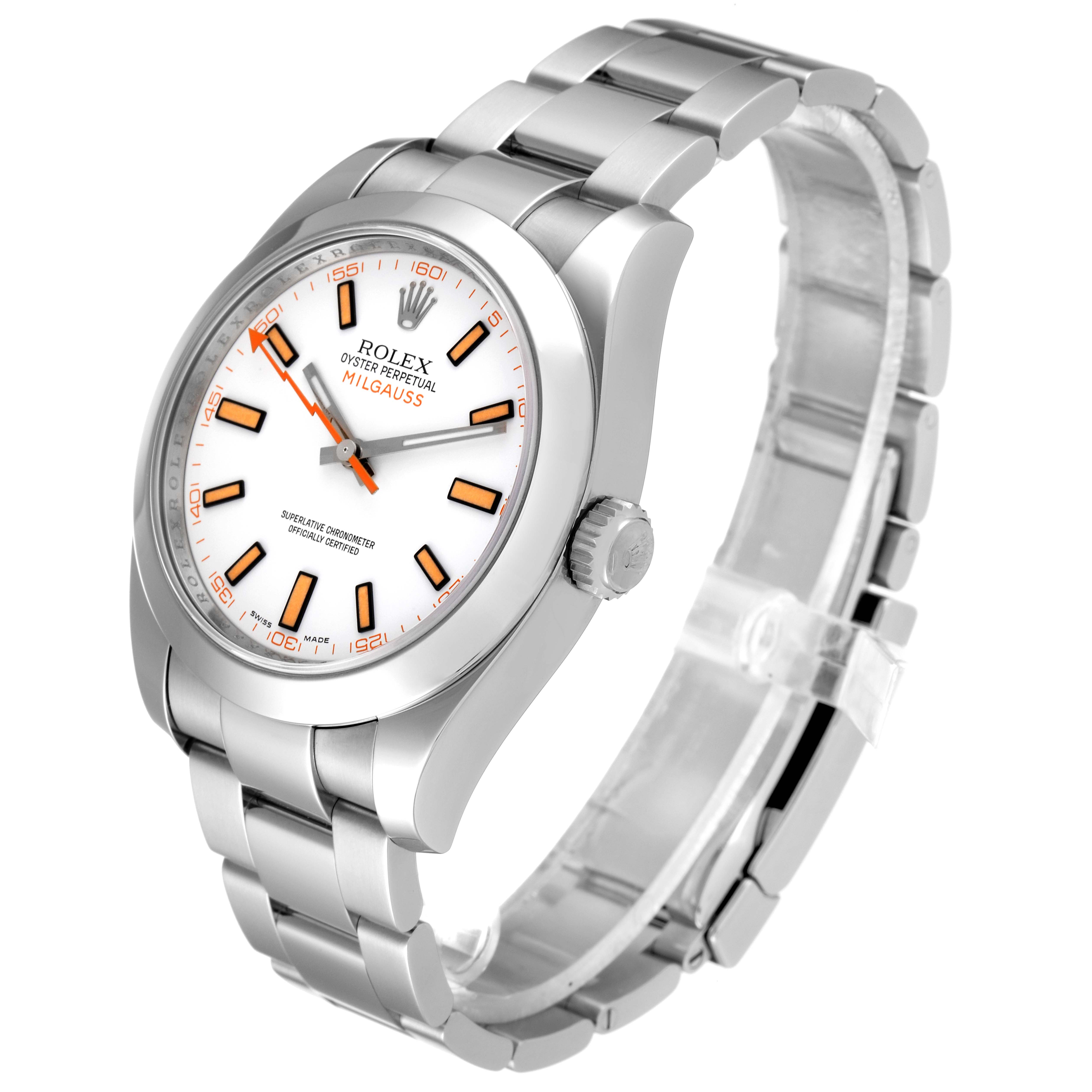 The image shows a Rolex Milgauss 116400V Men's Stainless Steel White Dial 116400V Men's Stainless Steel White Dial watch at a three-quarter angle, highlighting the dial, case, and bracelet.