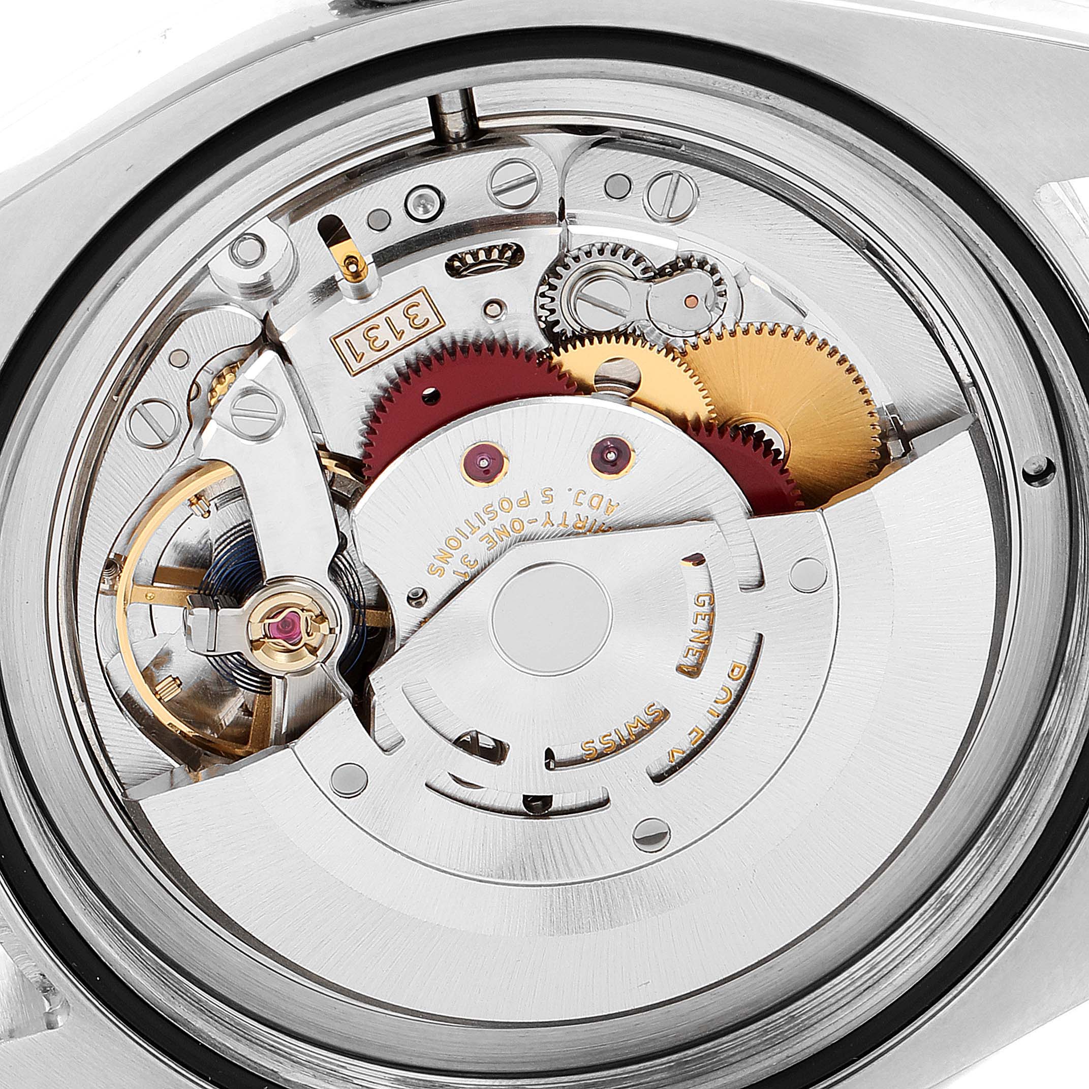 This image shows a close-up view of the movement inside a Rolex Milgauss 116400V Men's Stainless Steel White Dial 116400V Men's Stainless Steel White Dial watch.