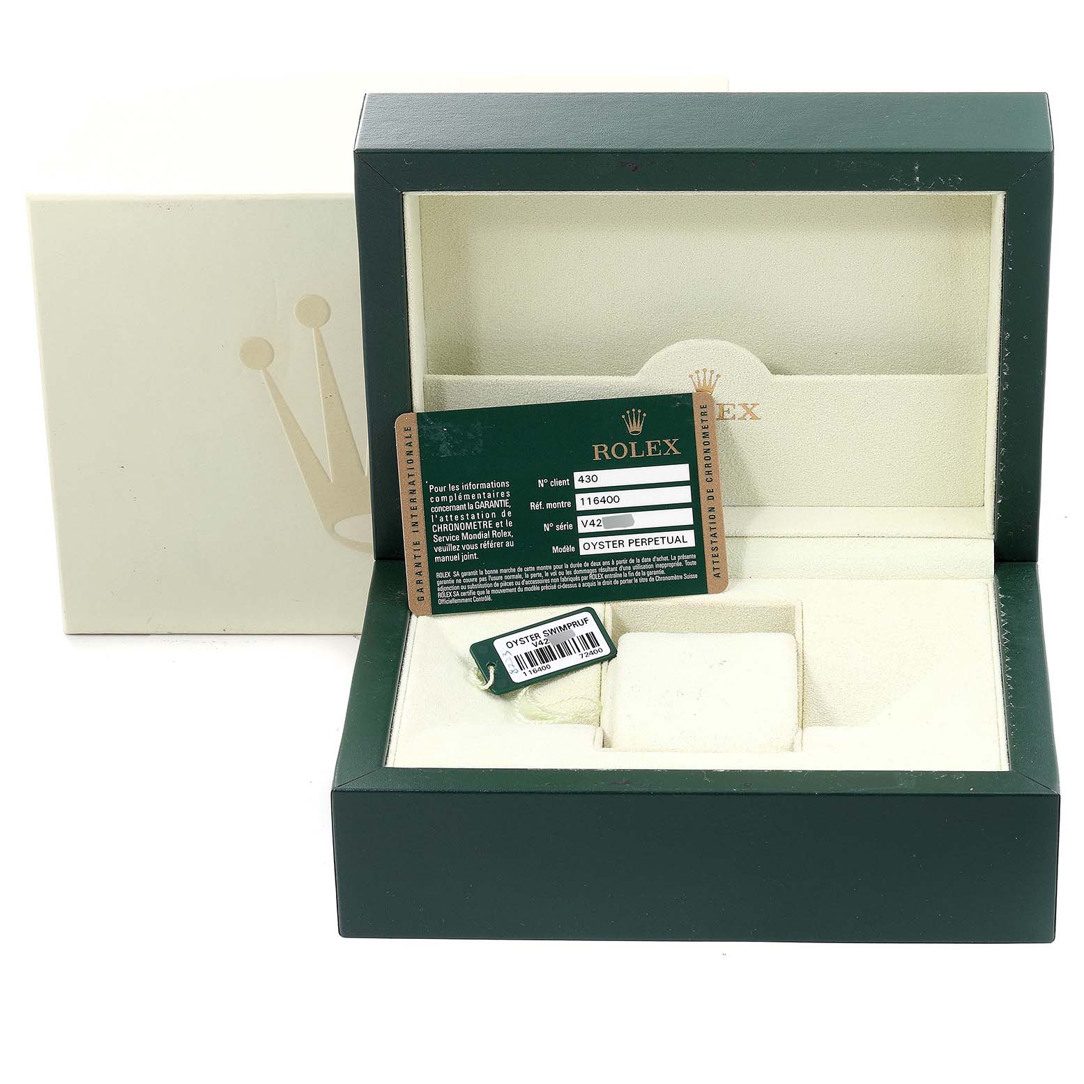 The image shows a Rolex Milgauss 116400V Men's Stainless Steel White Dial 116400V Men's Stainless Steel White Dial watch box with the warranty card and accessory tag inside.