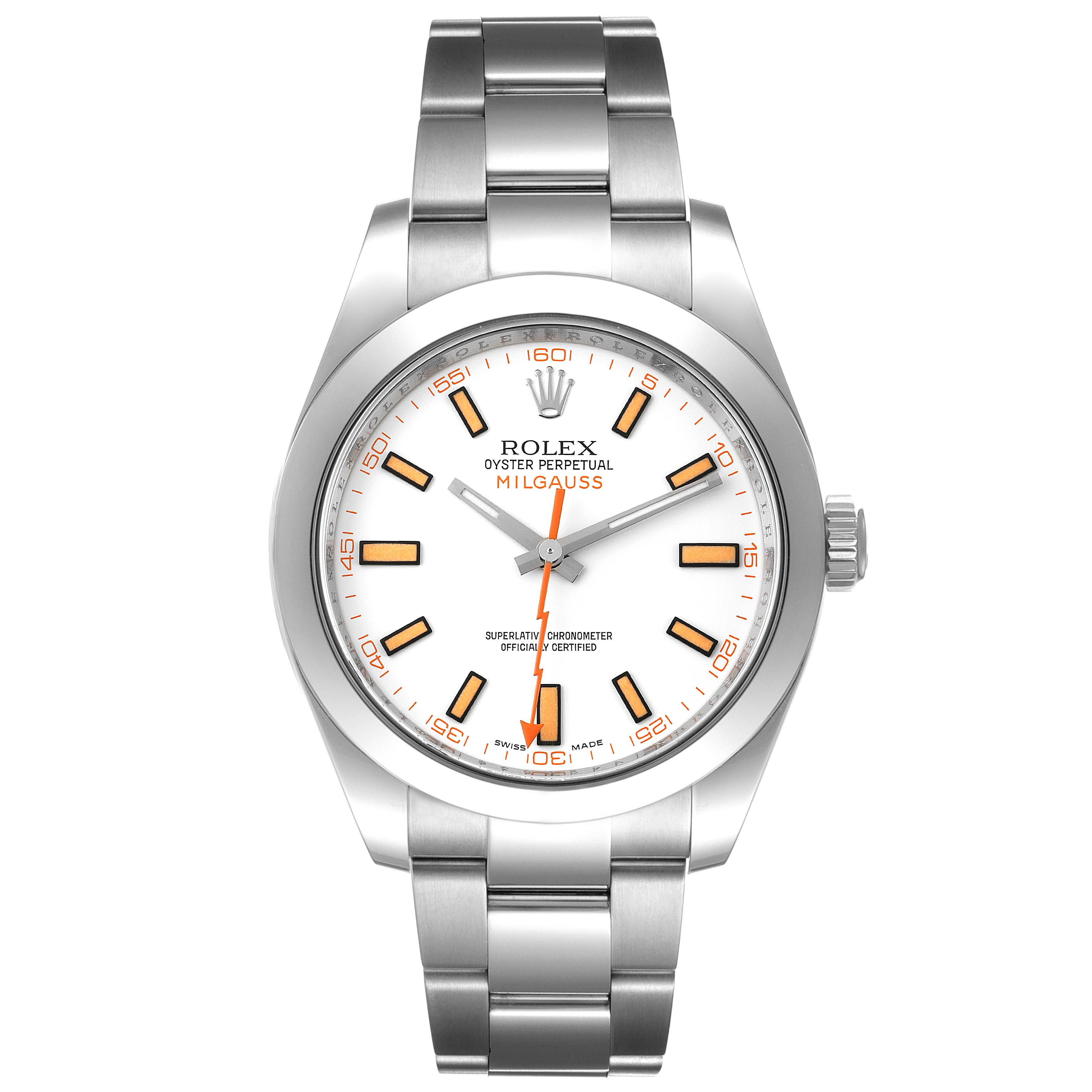 This image shows a front view of a Rolex Milgauss 116400V Men's Stainless Steel White Dial 116400V Men's Stainless Steel White Dial watch, displaying the dial, hands, watch case, and bracelet.