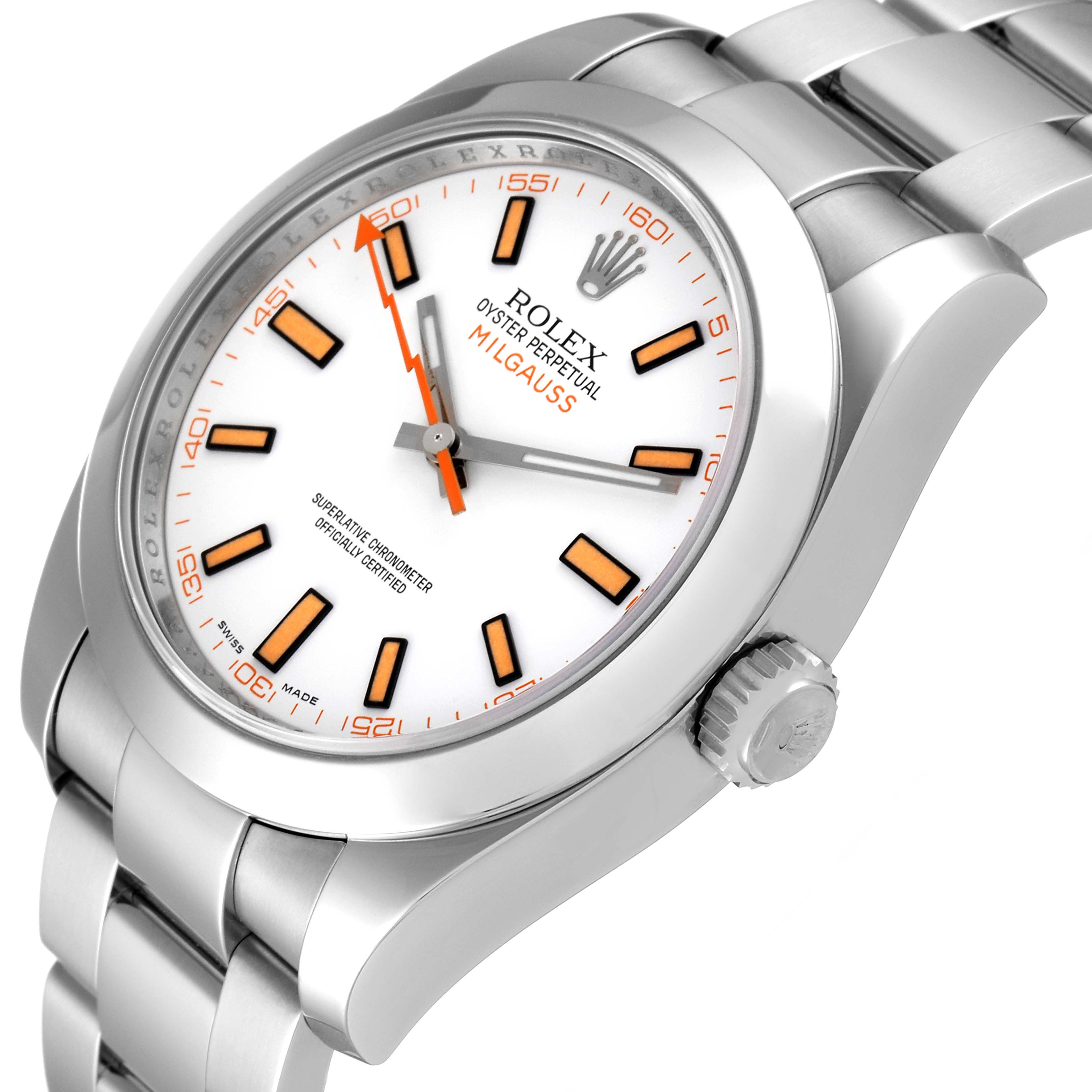 The image shows a close-up angled view of the Rolex Milgauss 116400V Men's Stainless Steel White Dial 116400V Men's Stainless Steel White Dial watch, displaying the dial, case, and bracelet.