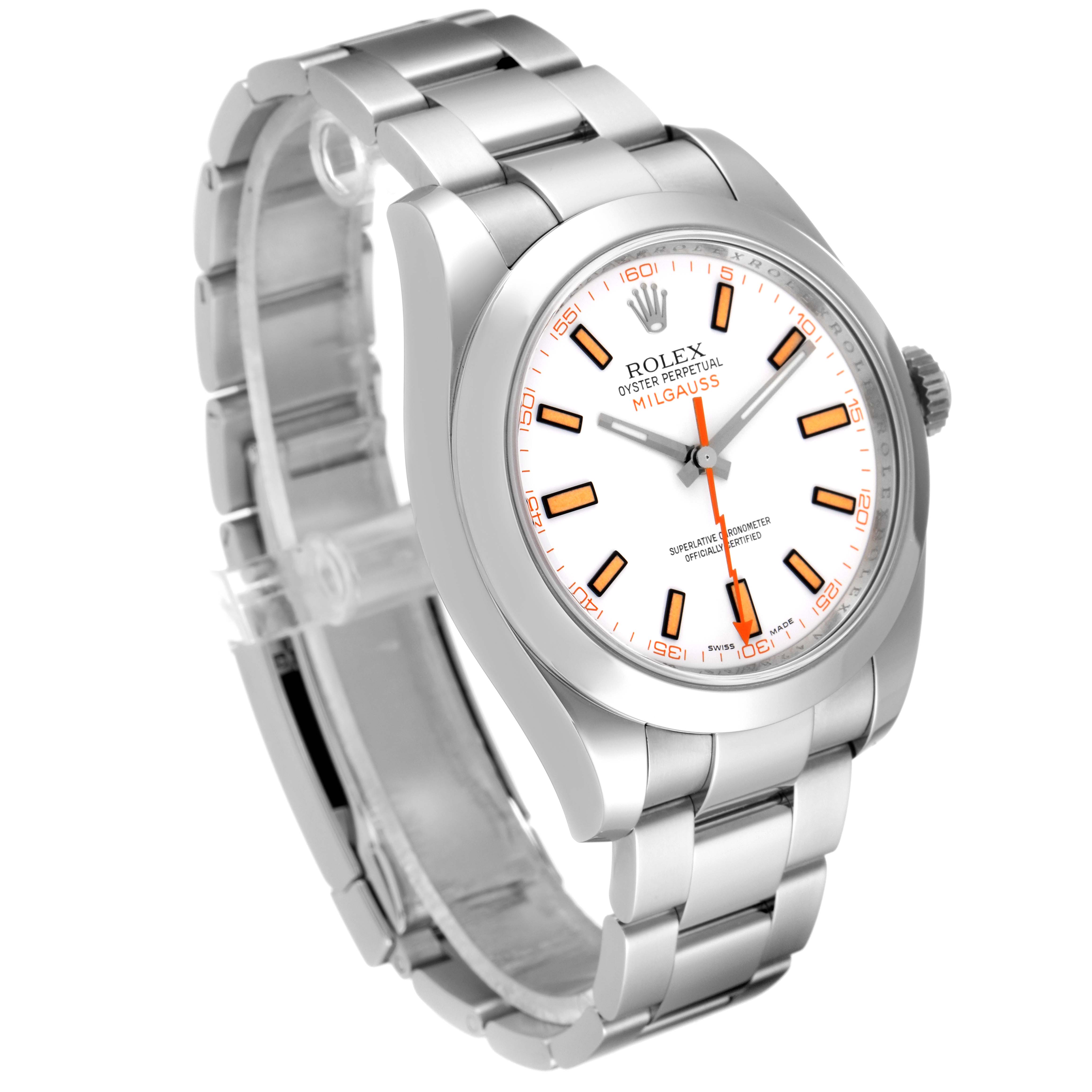 This image shows a Rolex Milgauss 116400V Men's Stainless Steel White Dial 116400V Men's Stainless Steel White Dial watch from a three-quarter angle, highlighting its dial, bezel, and bracelet.