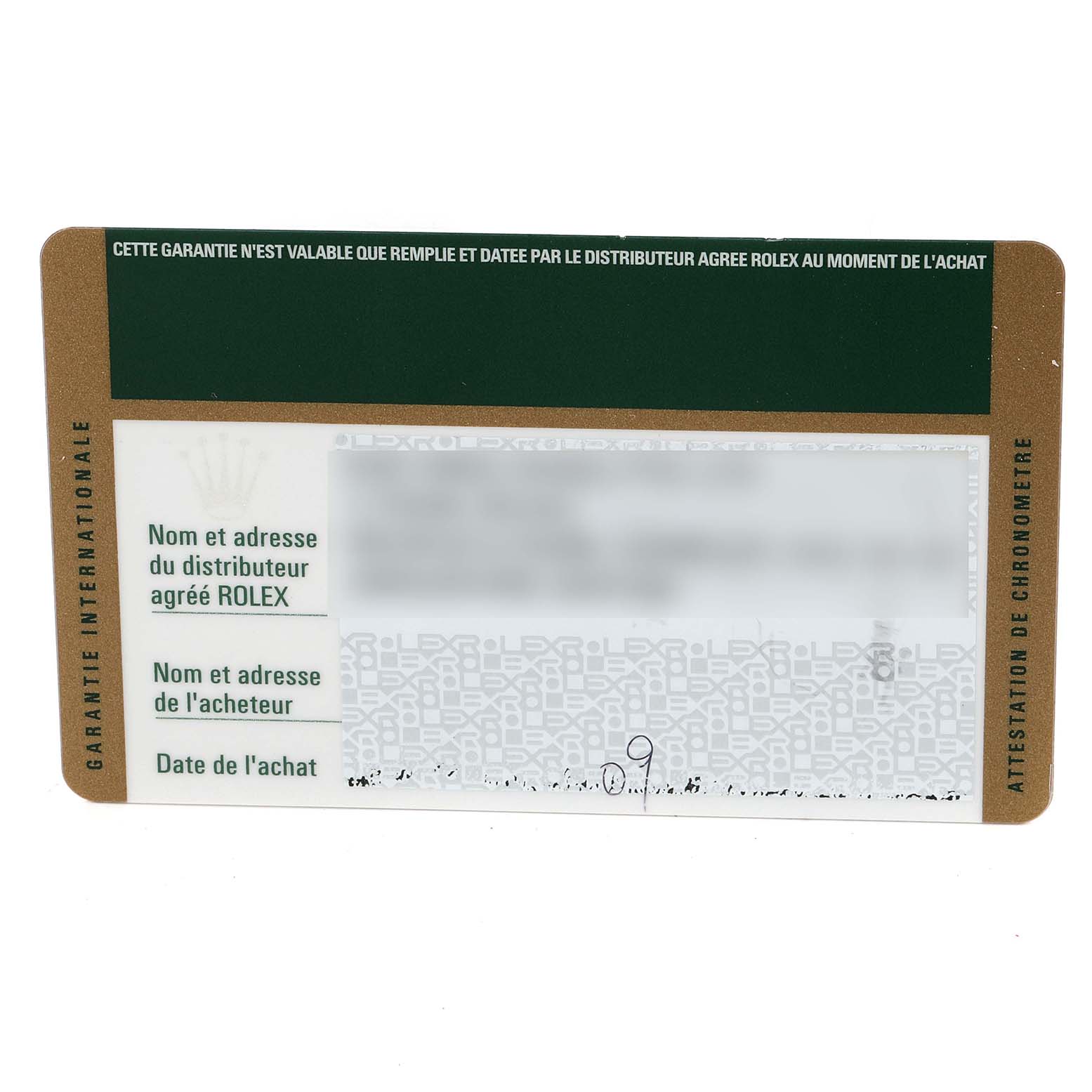 This image shows the warranty card for the Rolex Milgauss 116400V Men's Stainless Steel White Dial 116400V Men's Stainless Steel White Dial model, featuring brand details and purchase information.