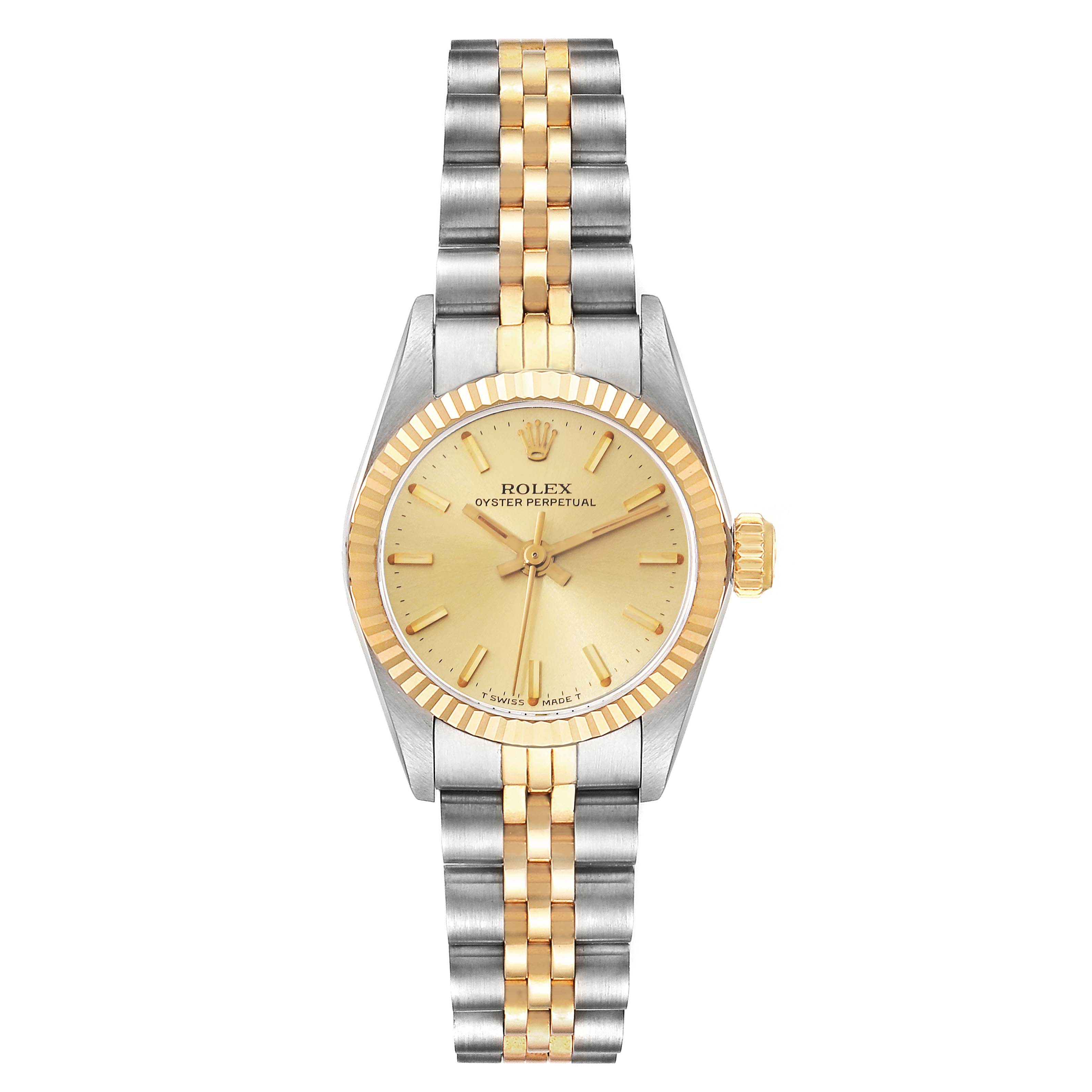 The Rolex Oyster Perpetual 67193 Women's Stainless Steel Champagne Dial 67193 Women's Stainless Steel Champagne Dial watch is shown from a top-down angle, displaying the face and the two-tone bracelet.
